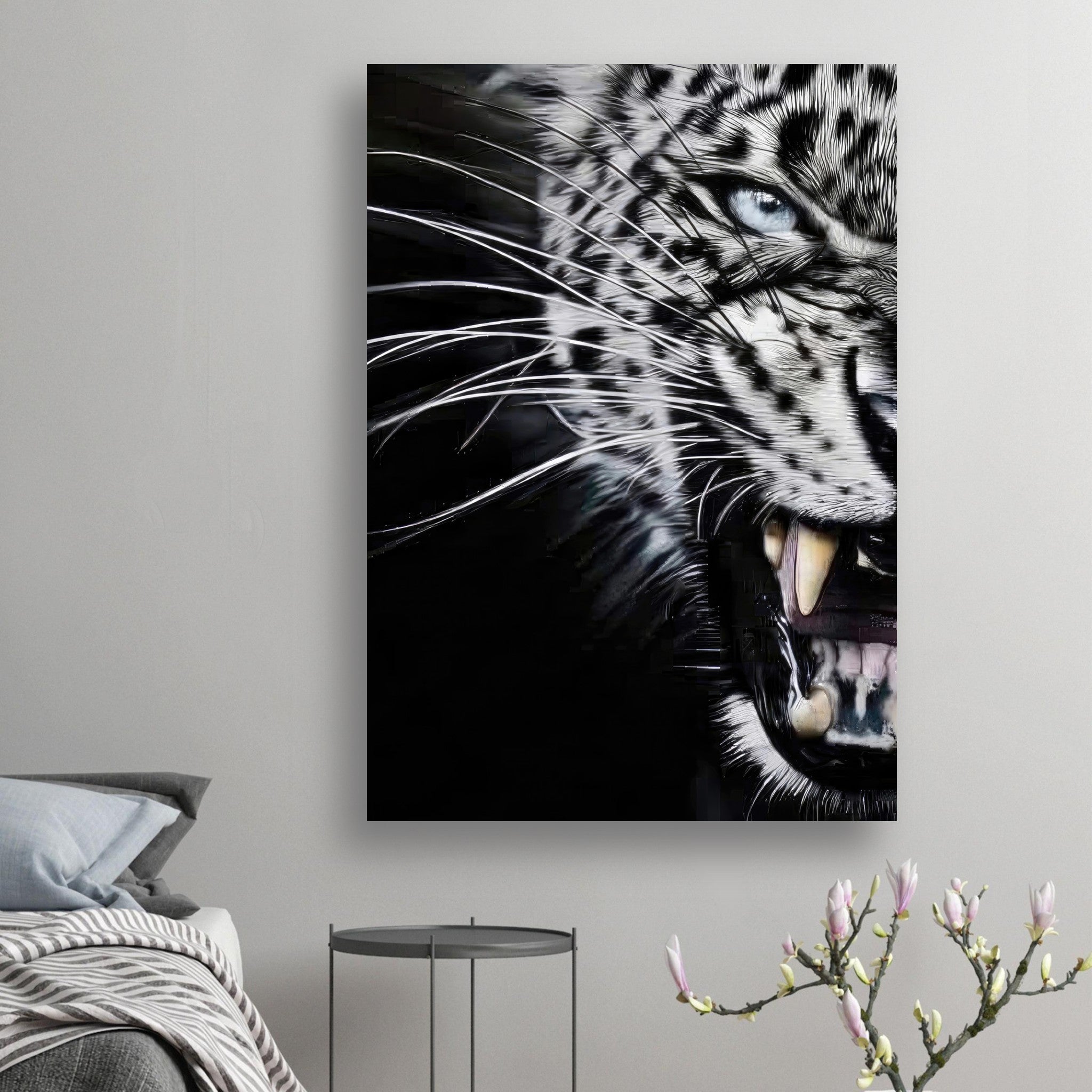 Leopard close-up portrait poster showcasing fierce expression and intricate fur details against a dramatic black background.