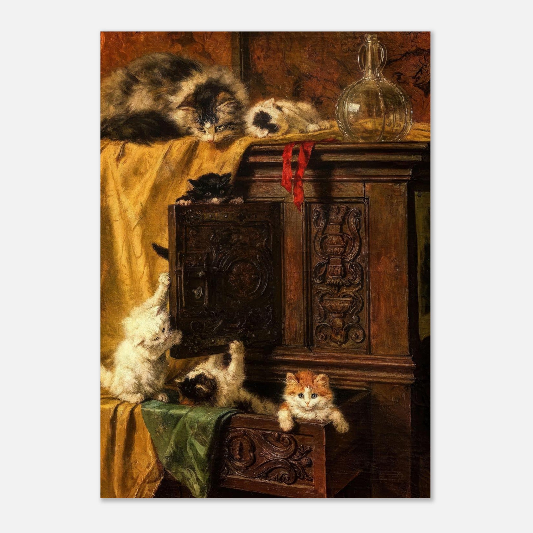 Vintage Cat Painting poster featuring playful kittens around an ornate wooden cabinet.
