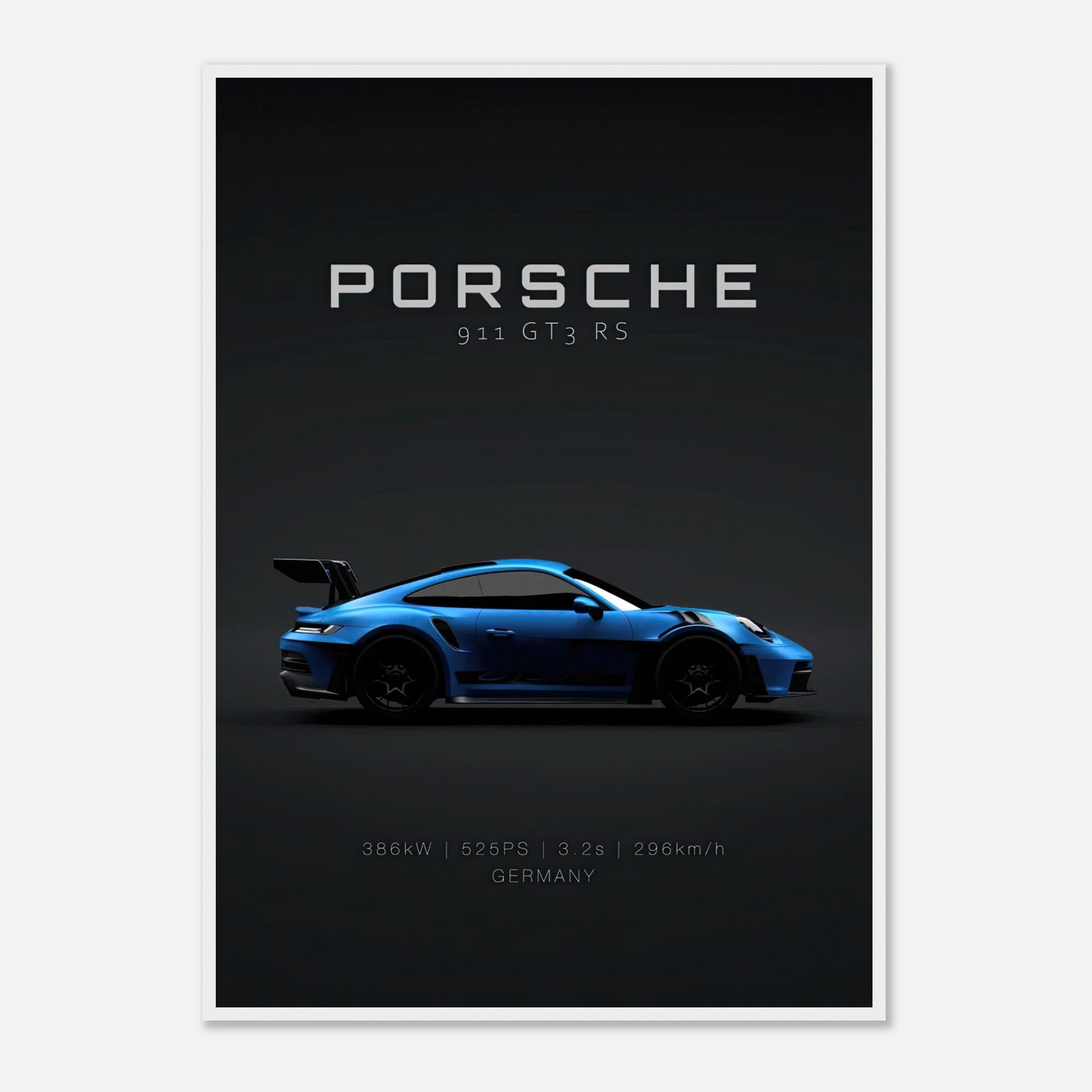 Porsche 911 GT3 RS framed poster showcasing sleek blue sports car against dark background.