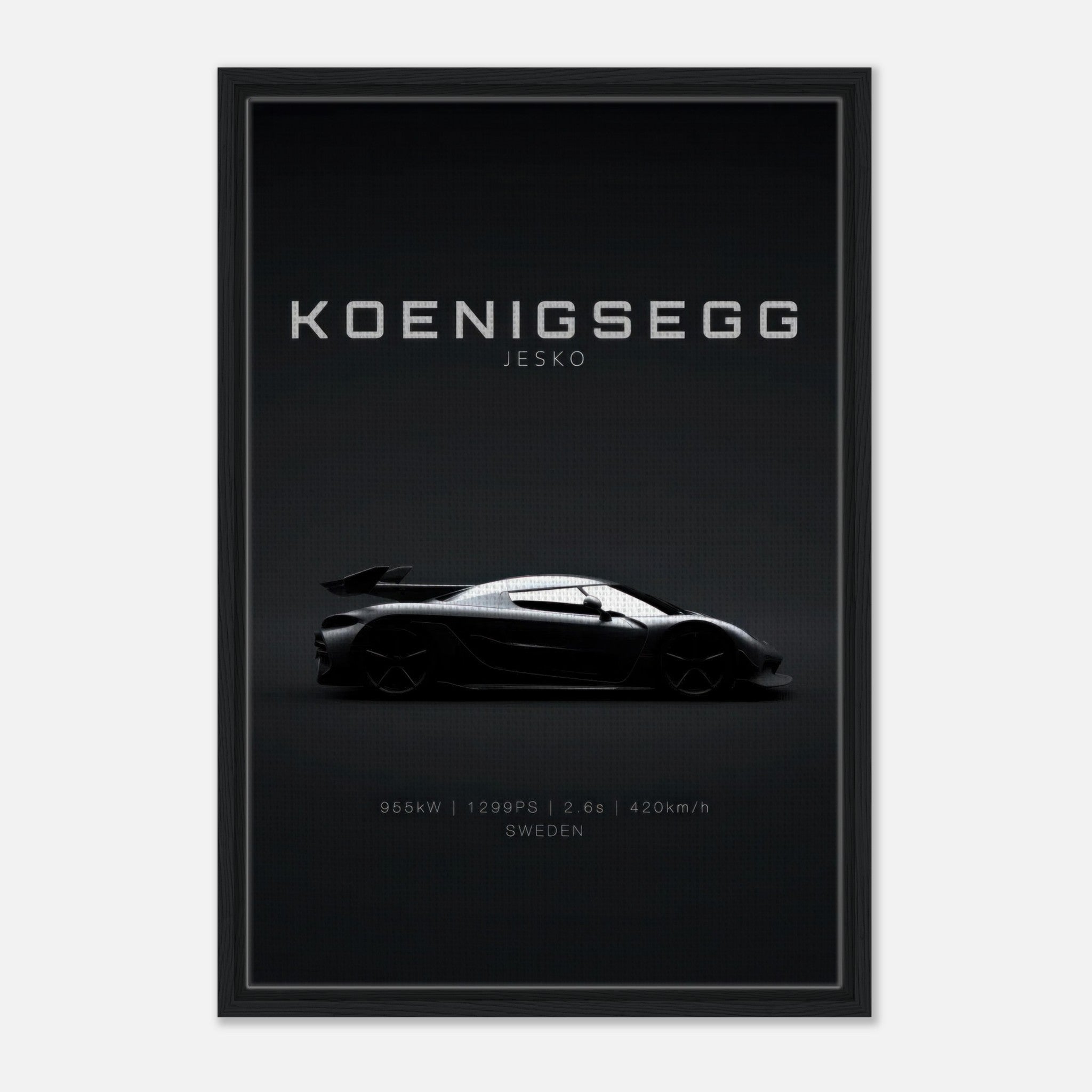Koenigsegg Jesko framed canvas print showcasing the iconic silhouette of the hypercar on a sleek black background.