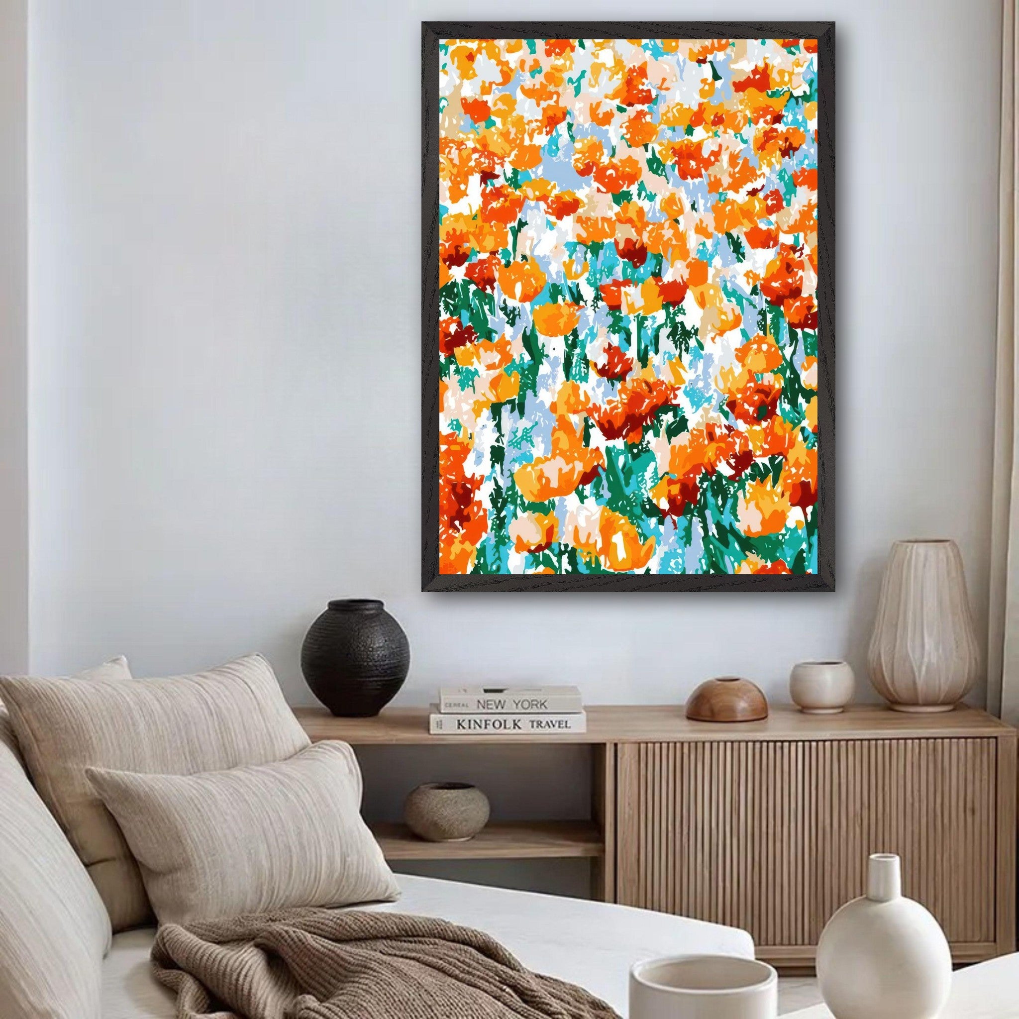 Vibrant abstract floral tulip garden artwork in stylish living room setting, featuring bold orange and red colors.