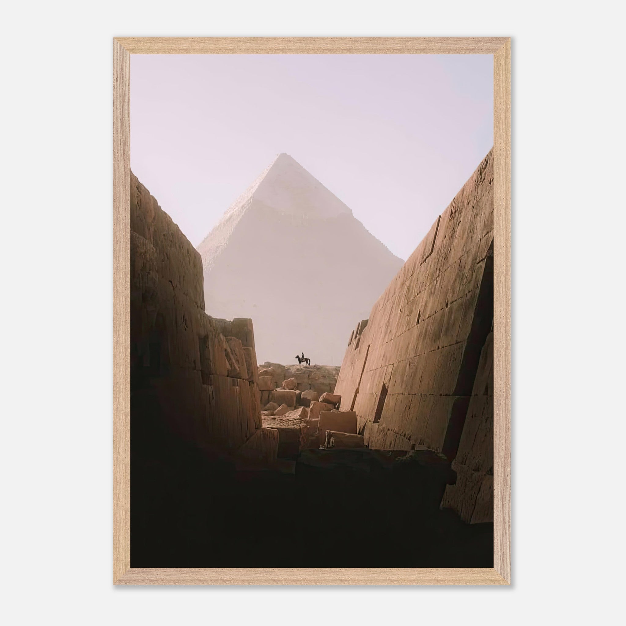 Vintage framed print of a horse and rider in front of the Great Pyramid of Giza, capturing ancient Egypt's beauty.