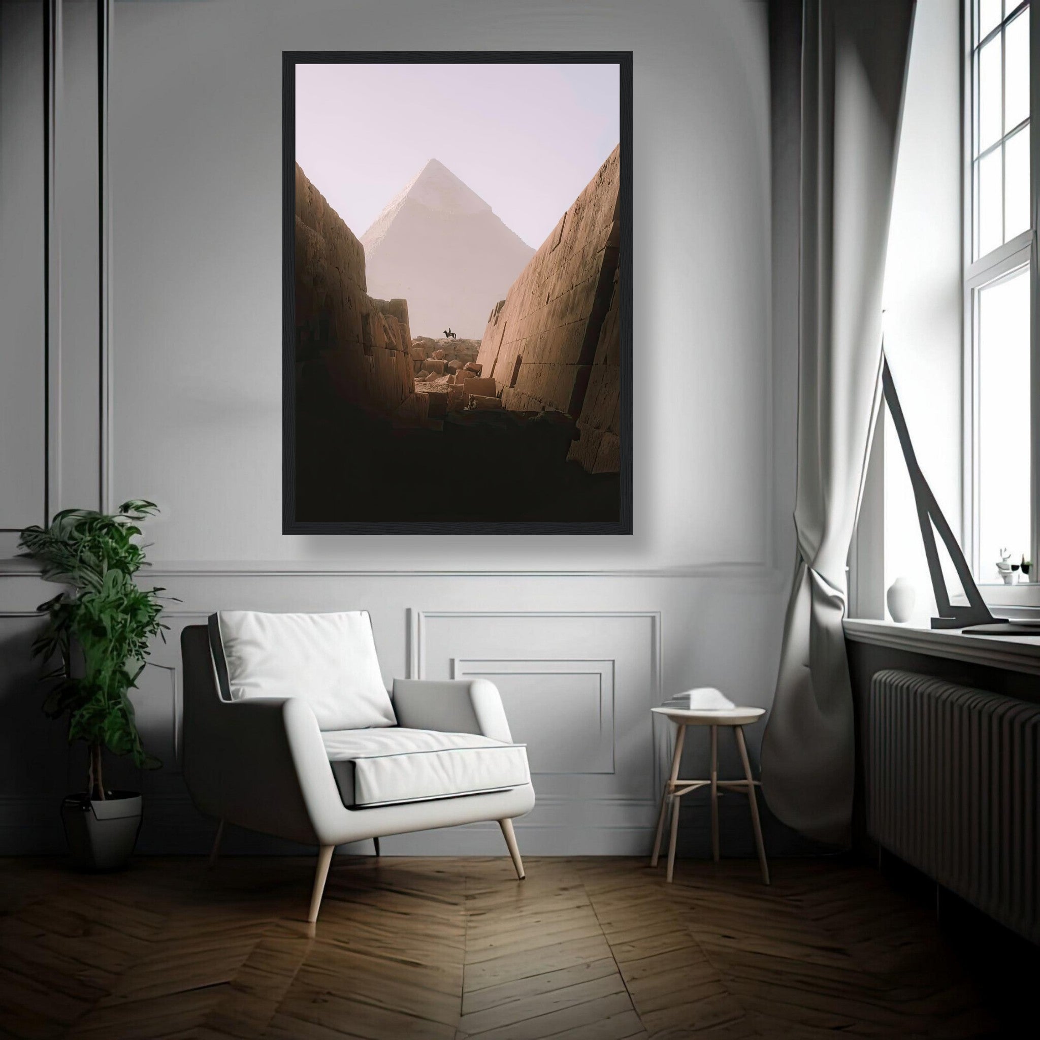 Horse & Rider Great Pyramid of Giza framed print in modern living room decor, showcasing ancient Egypt's beauty.