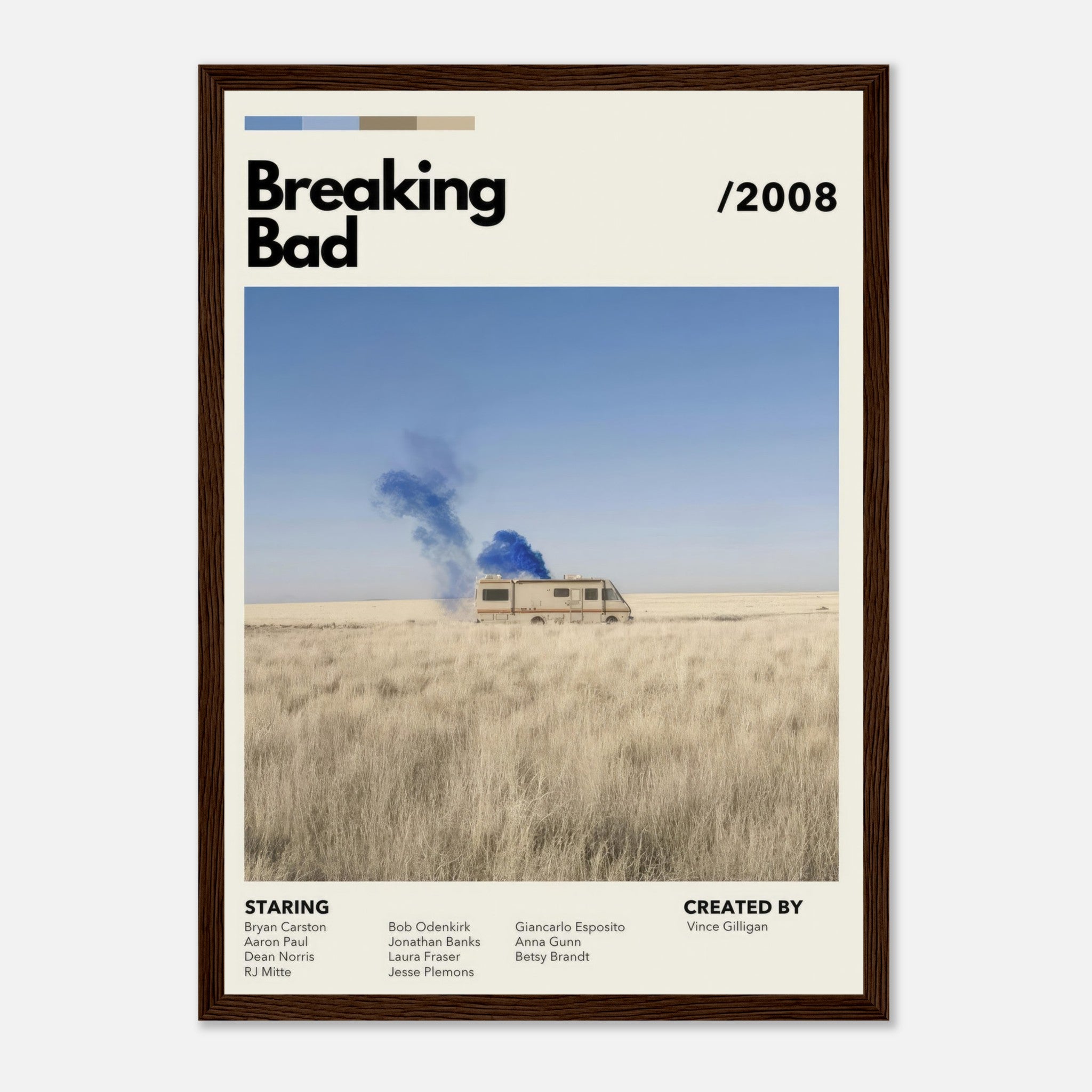 Vintage framed print of Breaking Bad RV scene in the desert, featuring blue smoke and minimalist design.