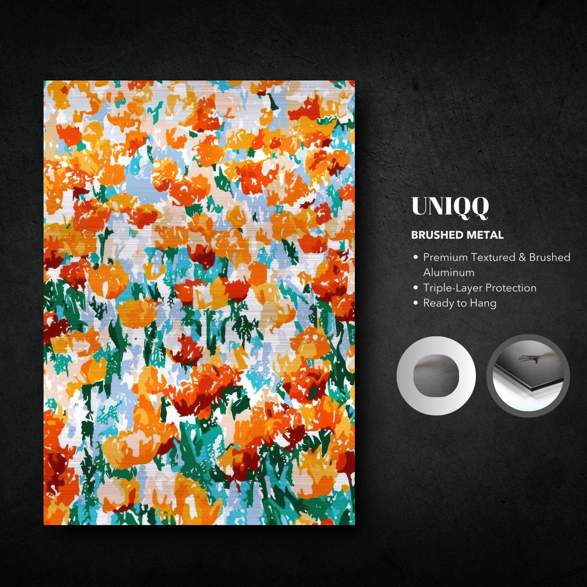 Vibrant abstract floral tulip garden print in orange and red on brushed metal, perfect for home decor.