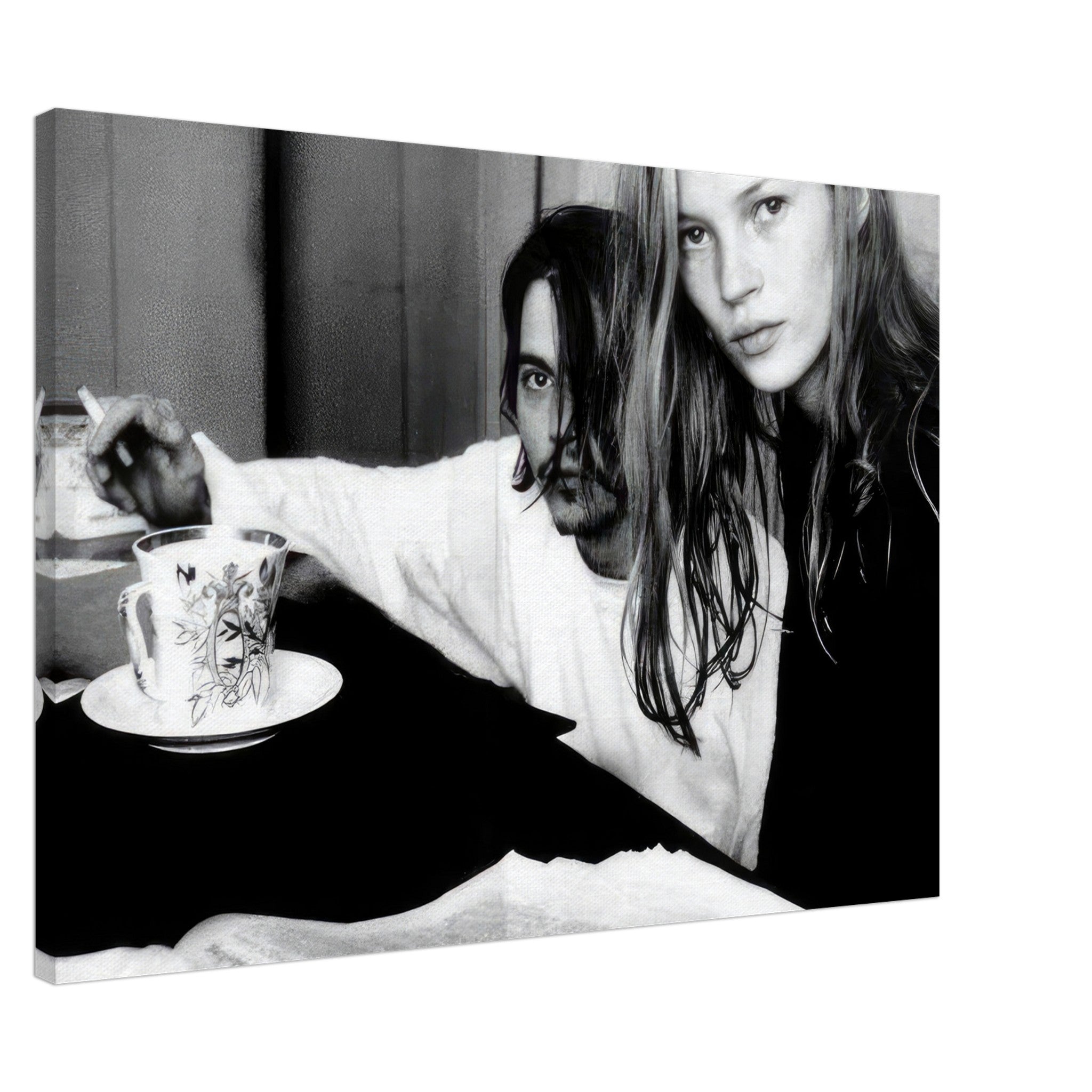 Rebel Romance canvas print featuring Johnny Depp and Kate Moss in a candid black-and-white photo.