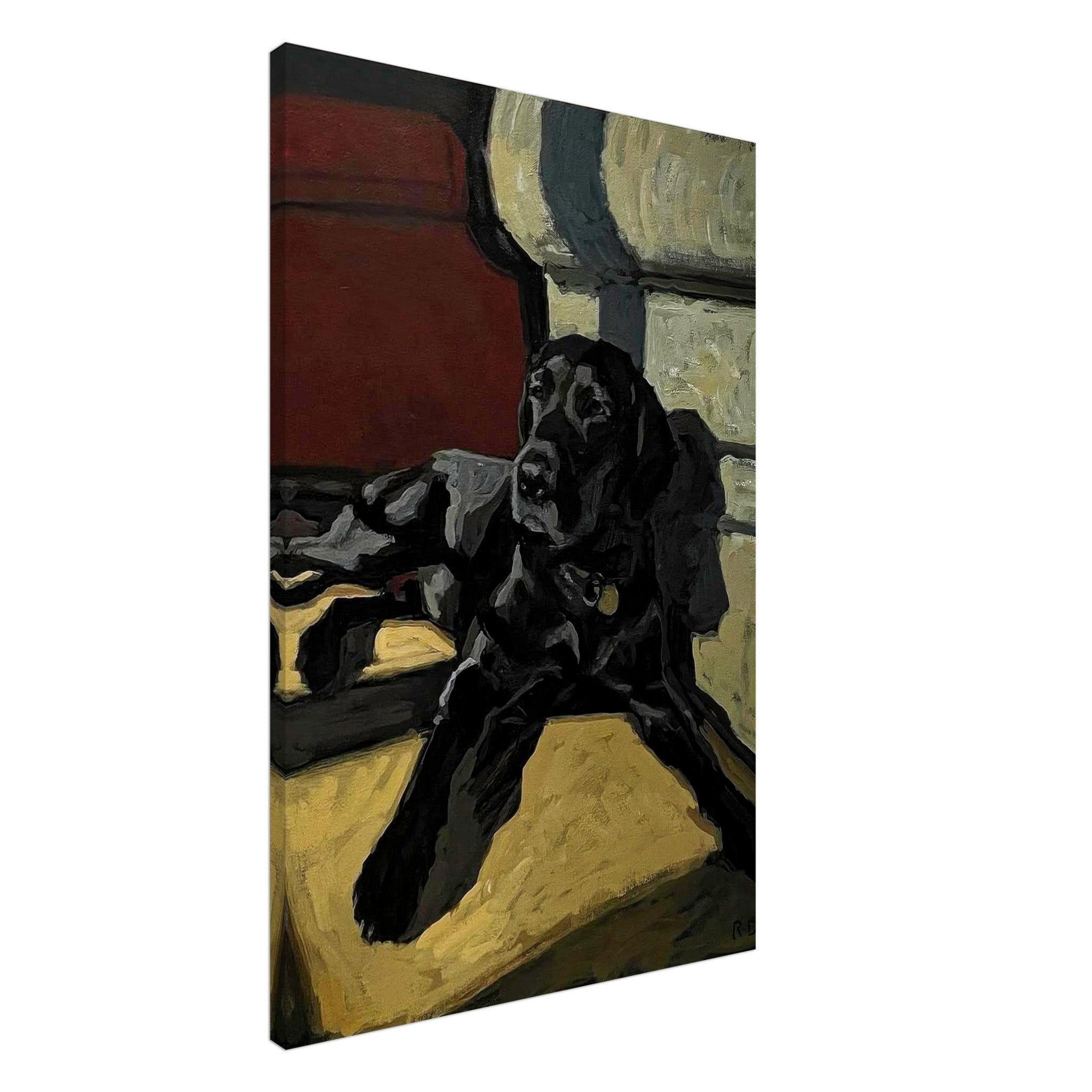 Black Labrador dog painting on canvas featuring a relaxed pose and rich earthy tones for home decor.
