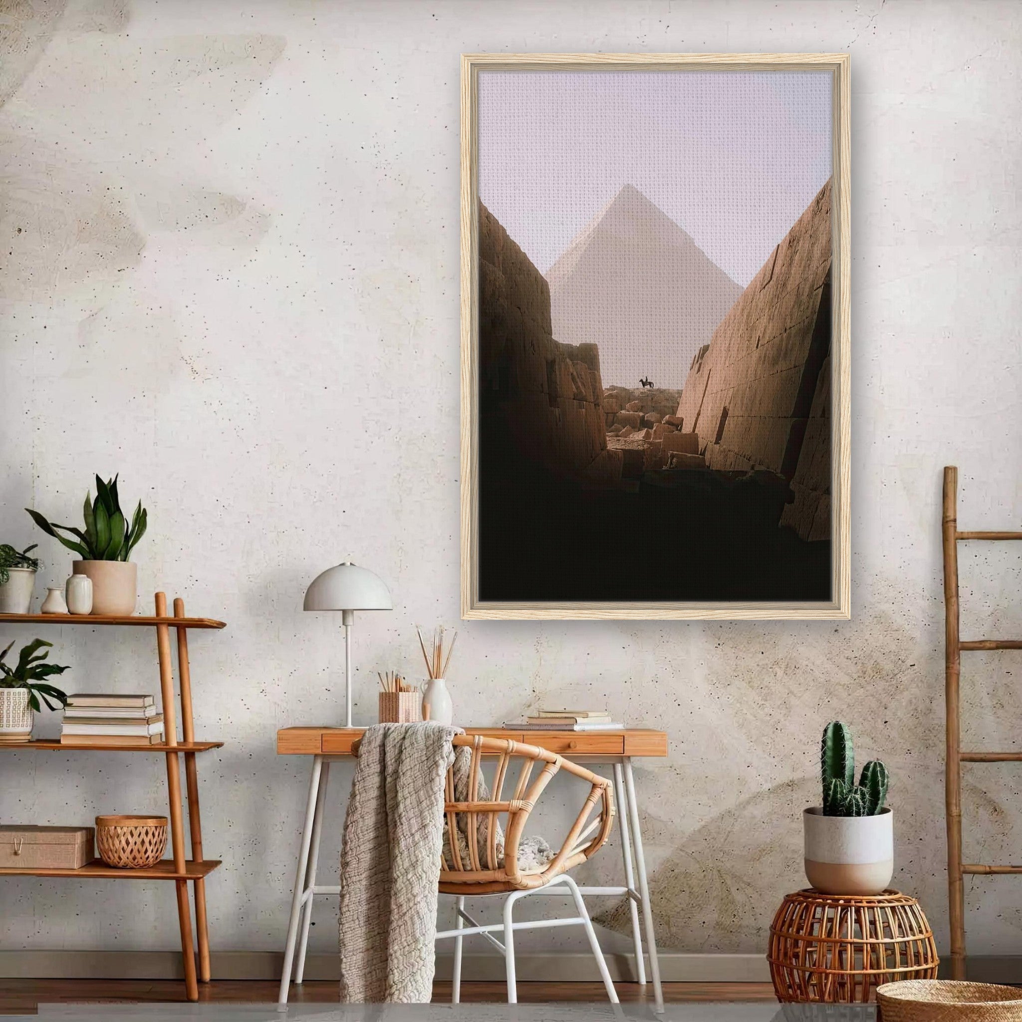 Framed canvas print of the Great Pyramid of Giza in a stylish interior setting, showcasing ancient Egypt's beauty.