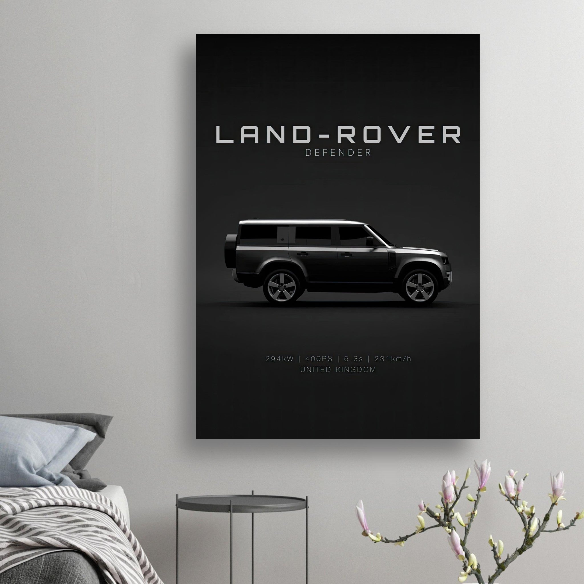 Land Rover Defender poster featuring sleek design on dark backdrop, ideal for car enthusiasts and decor lovers.