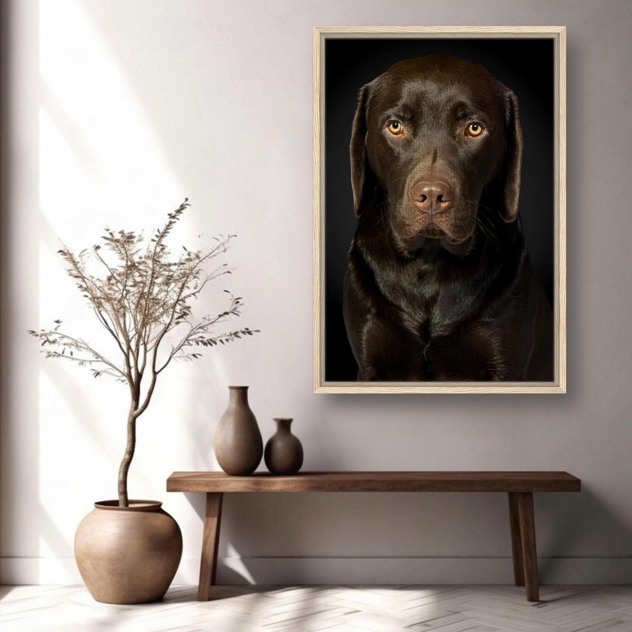 Framed portrait of a Chocolate Labrador in a stylish living room setting, showcasing its soulful gaze and rich coat.