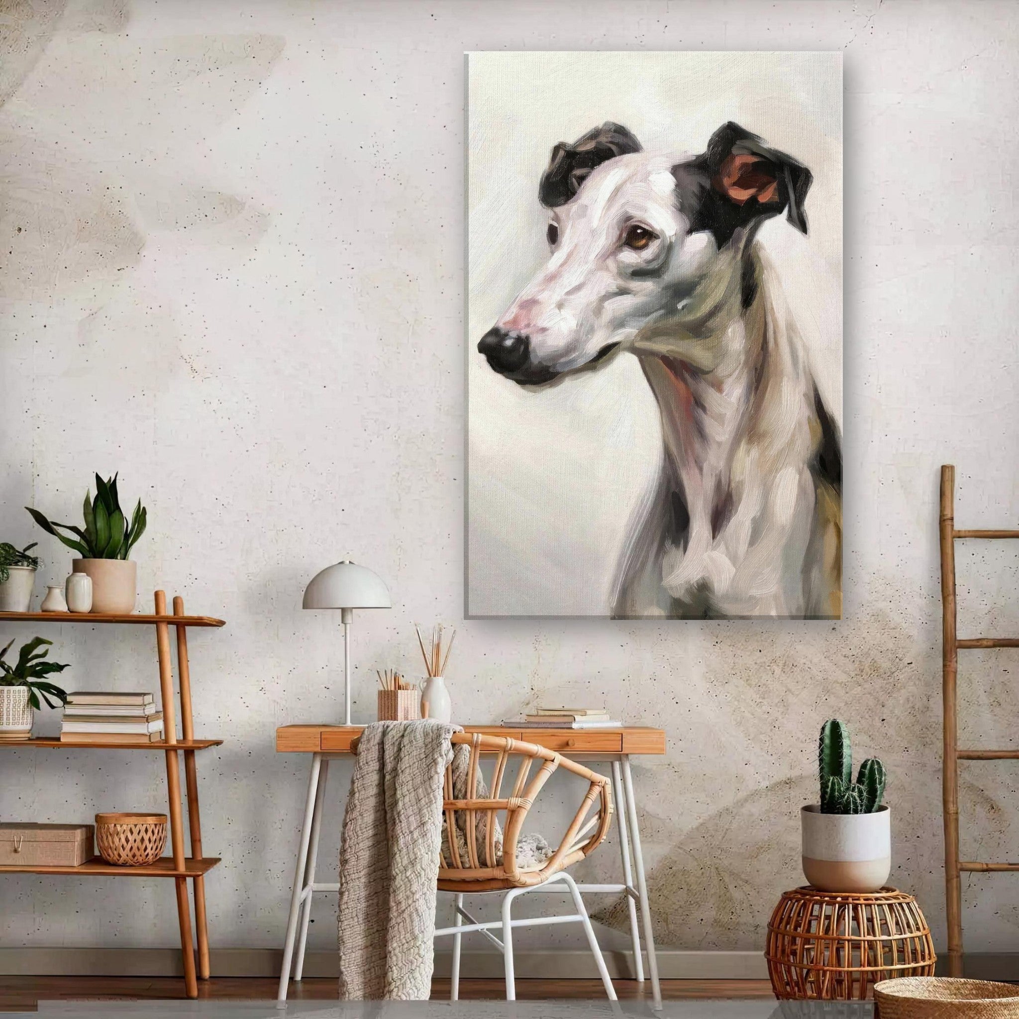 Elegant Greyhound dog painting canvas print showcased in a stylish home interior setting.