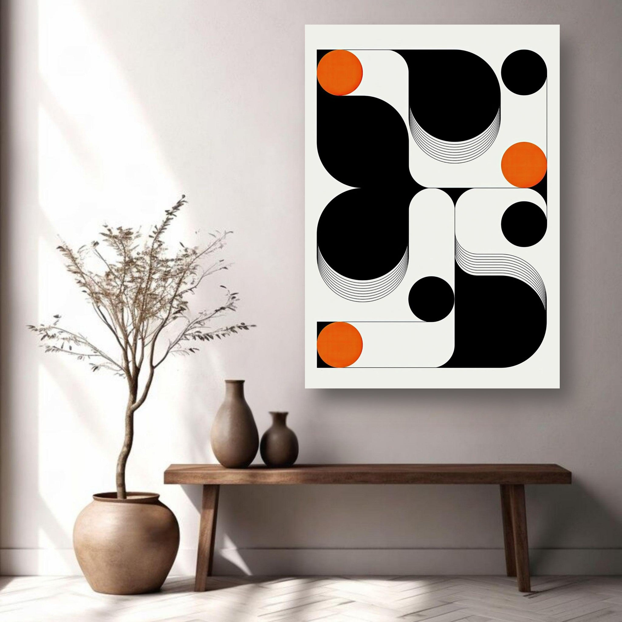 Modern geometric abstract art metal print in black, white, and vibrant orange displayed in a stylish interior.