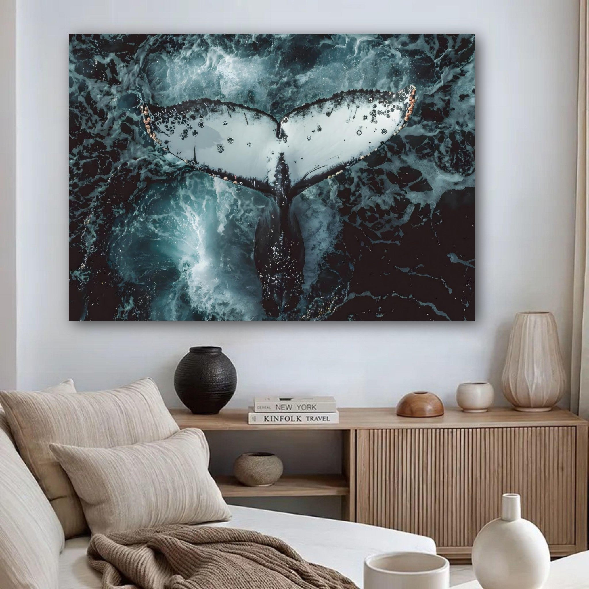 Stunning Humpback Whale poster showcasing a whale's tail above ocean waves in a modern living room setting.