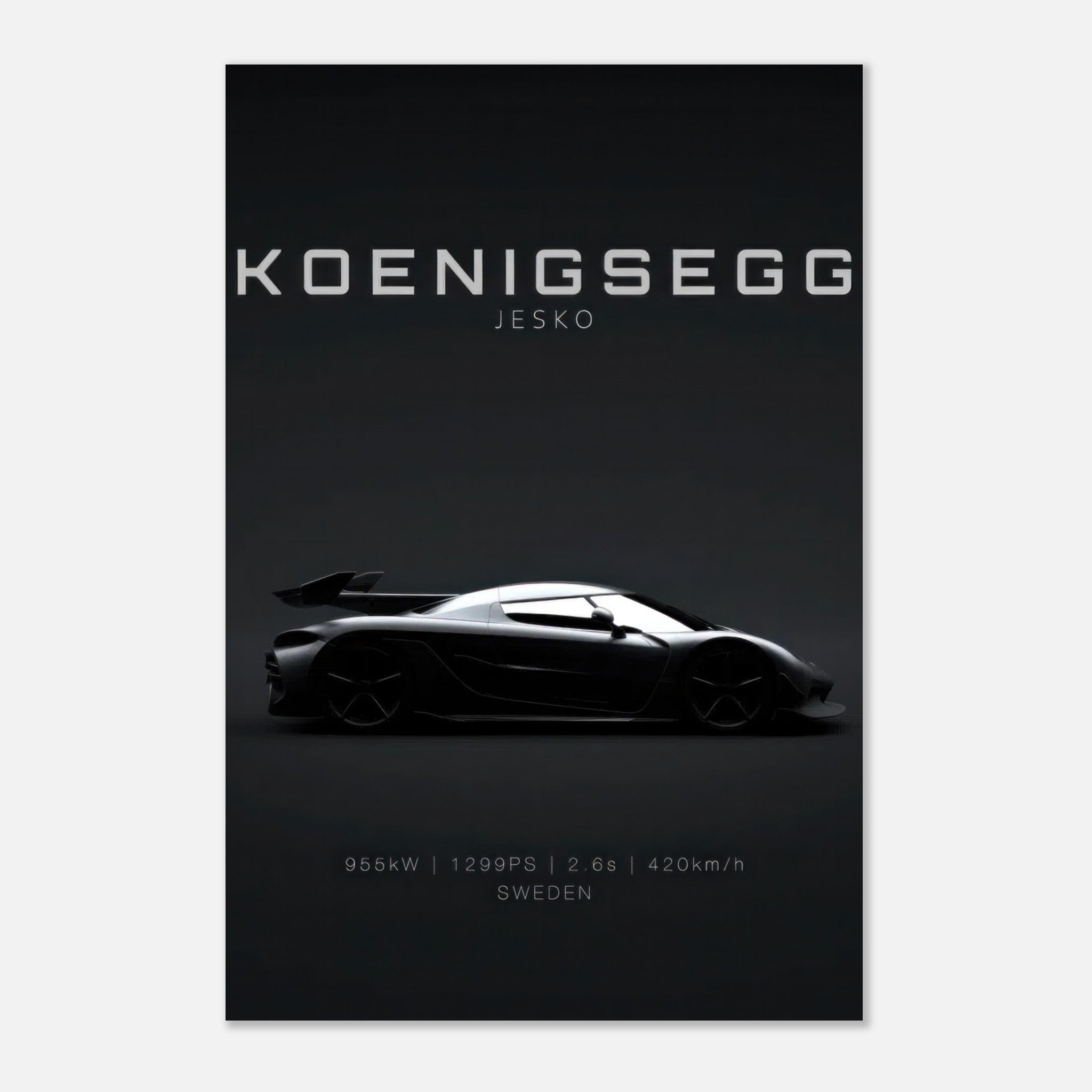 Koenigsegg Jesko metal print showcasing hypercar silhouette with sleek design on a minimalistic black background.