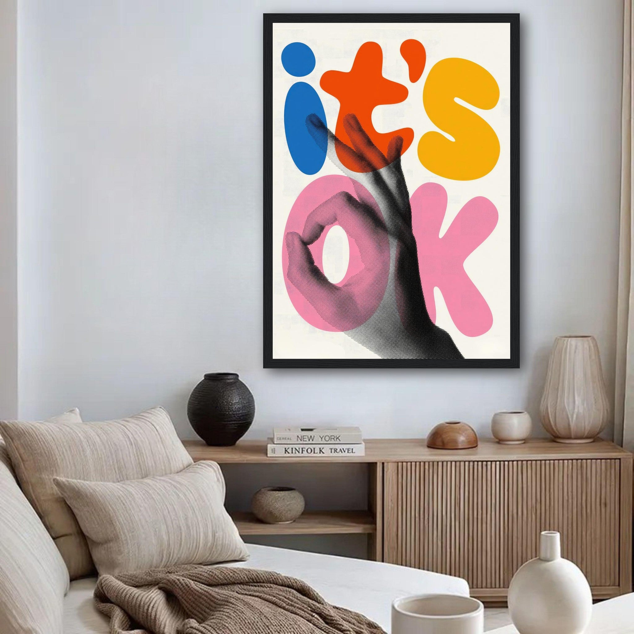 Retro abstract pop art framed print of a hand gesture with vibrant colors in a stylish living room.