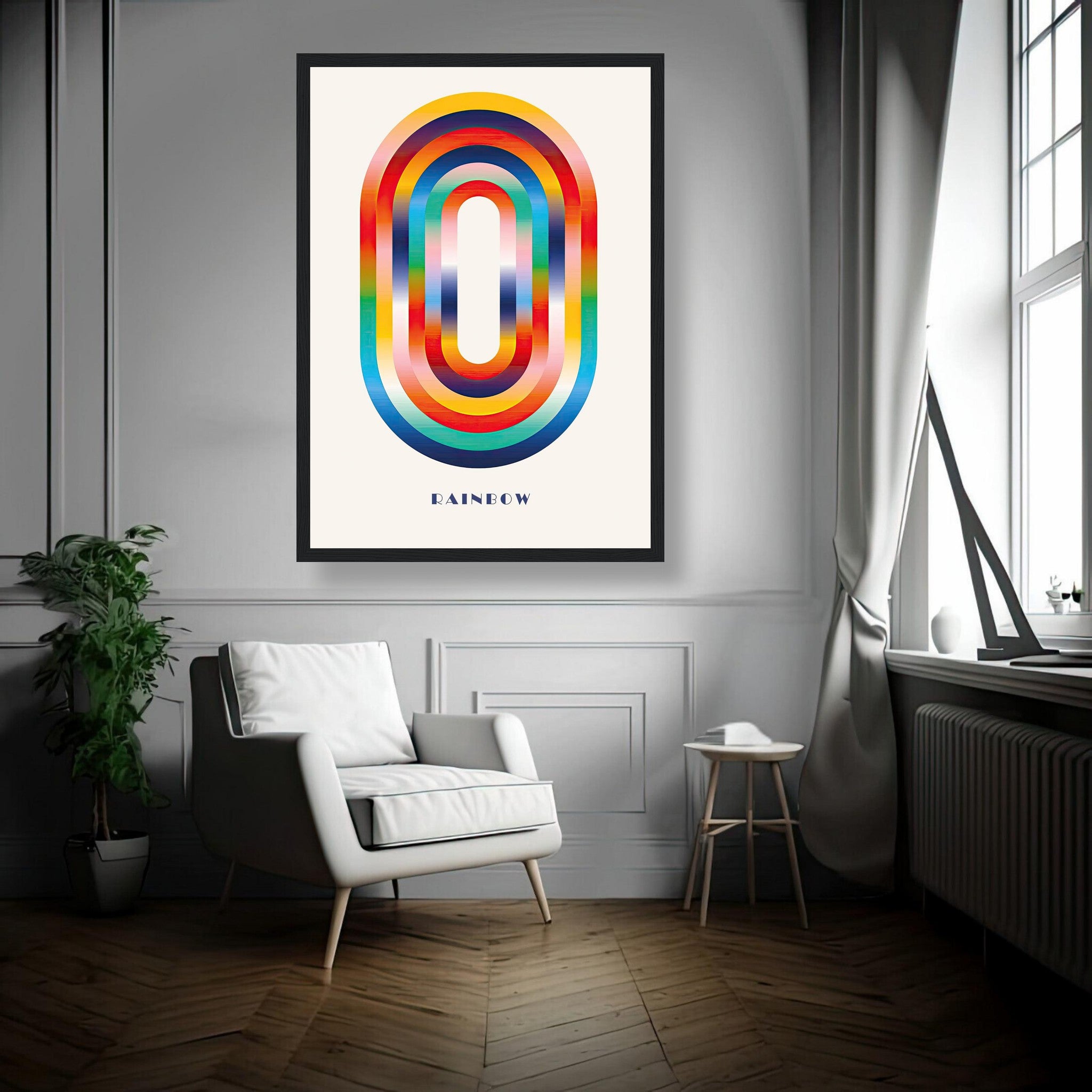 Framed abstract rainbow geometric art print in modern living room, showcasing bold colors and smooth gradients.