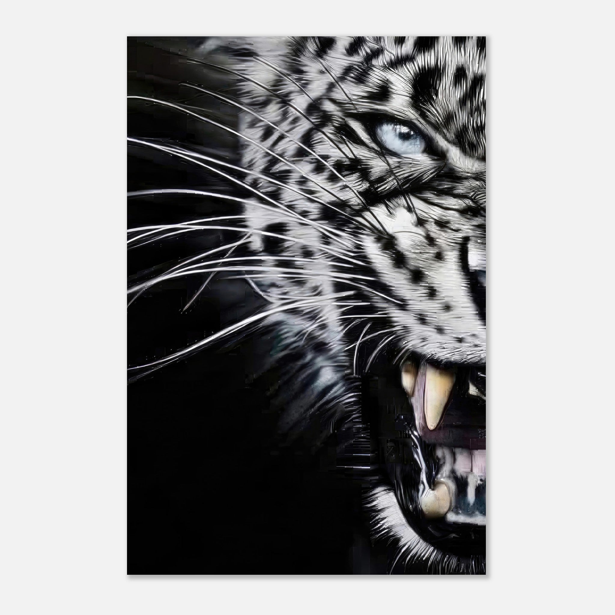 Close-up portrait of a fierce leopard showcasing intense blue eyes and sharp teeth, printed on sleek metal.