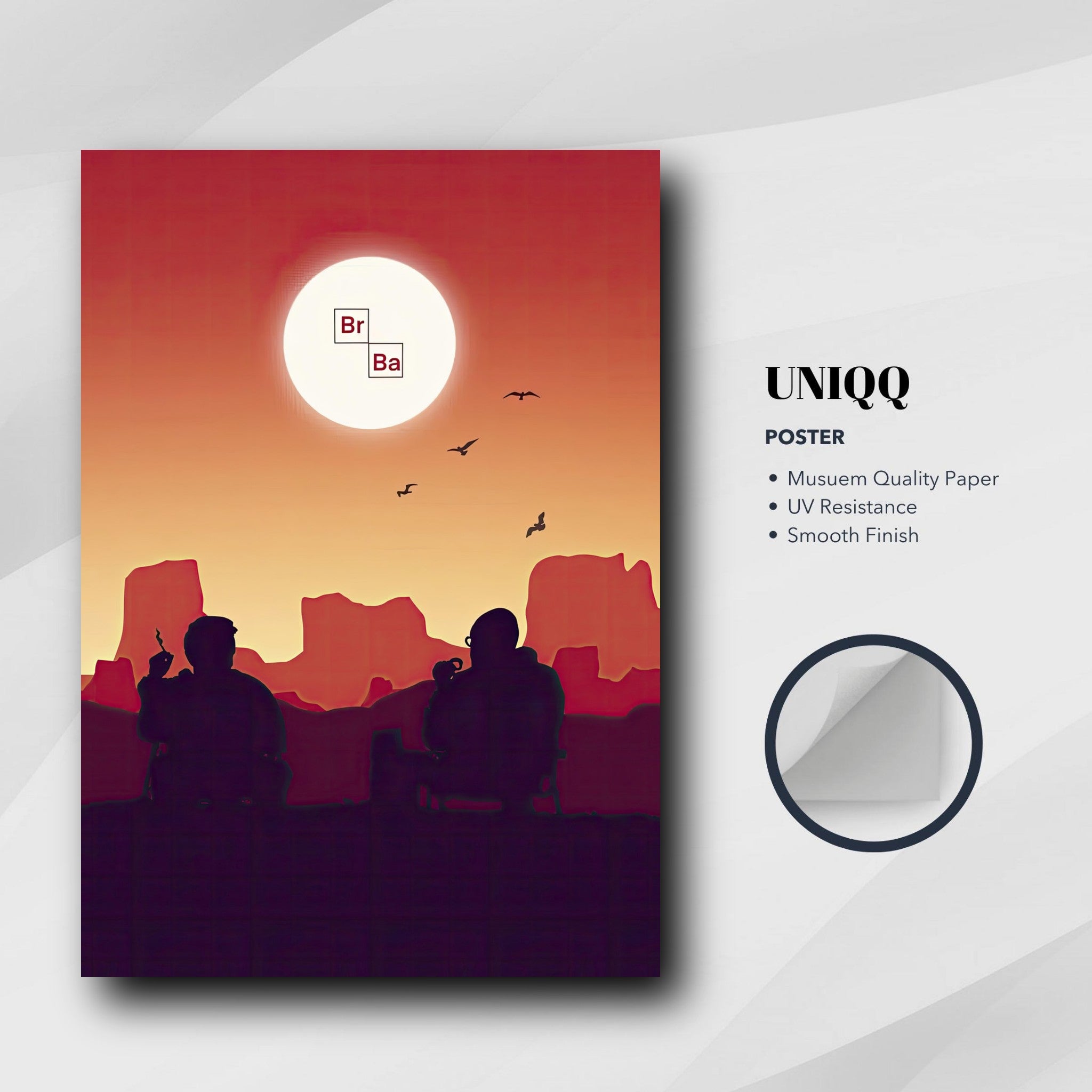 Sunset Breaking Bad poster with silhouettes and chemical symbols, perfect for fans and home decor enthusiasts.