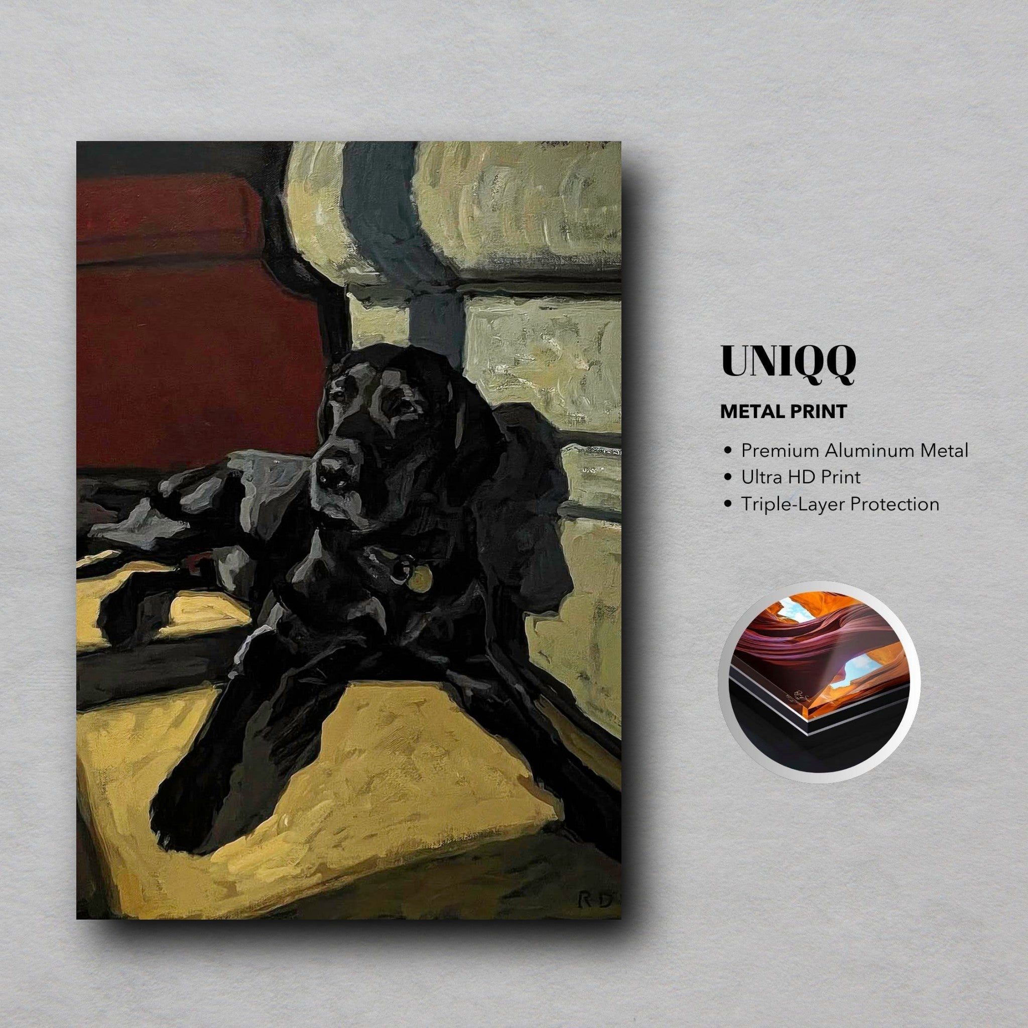 Black Labrador dog metal print artwork showcasing a detailed painting on premium aluminum with vibrant colors.