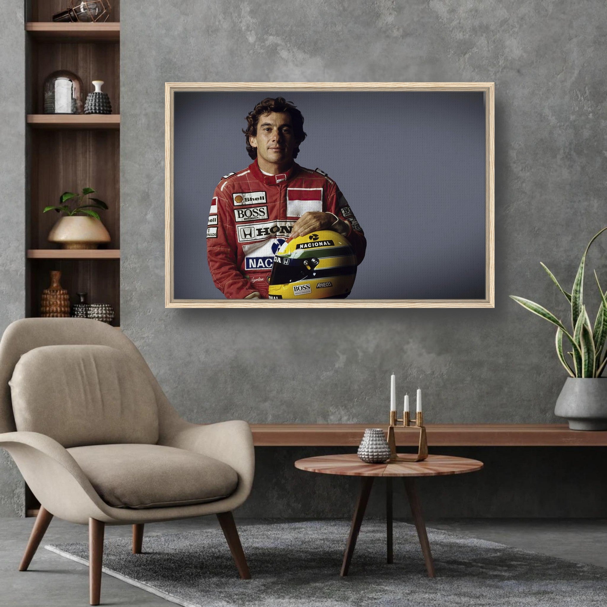 Framed canvas print of Ayrton Senna in a racing suit, showcasing motorsport passion and style in modern interior design.