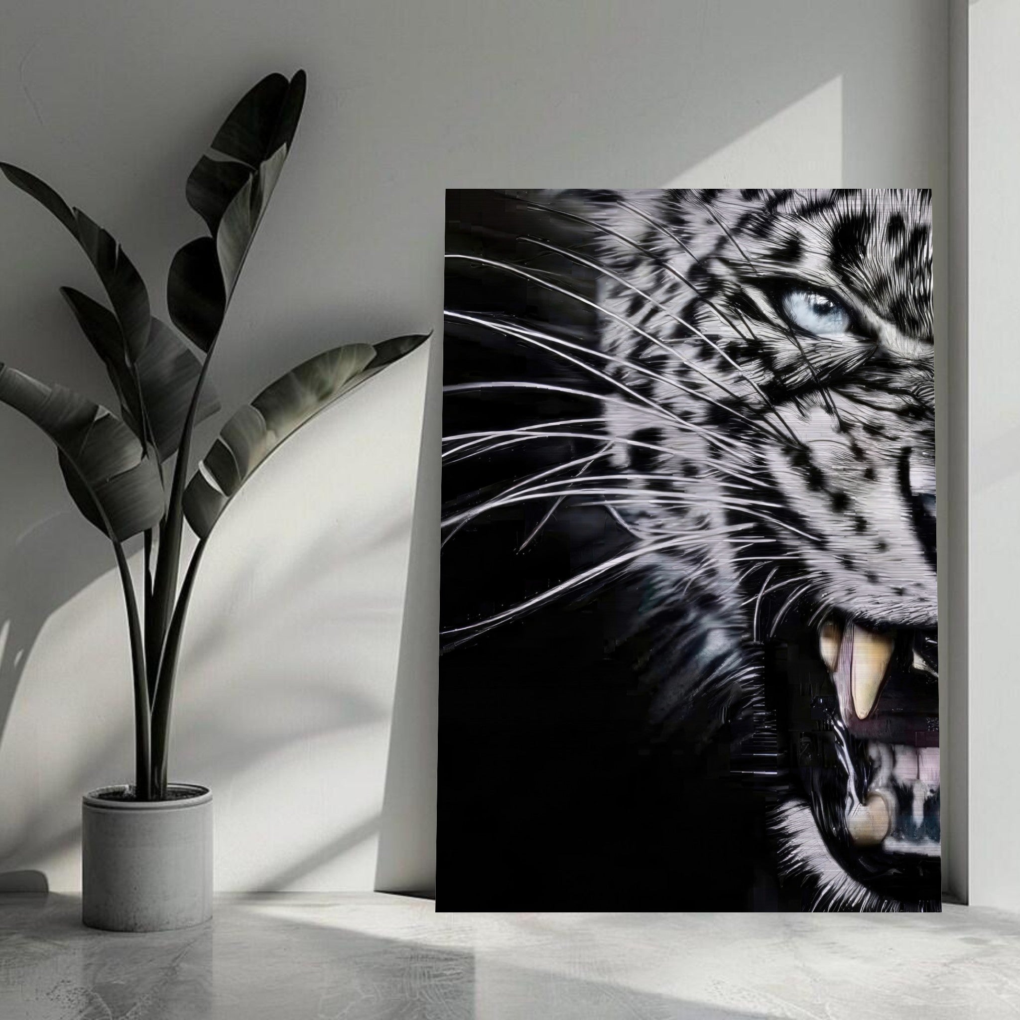 Close-up portrait of a leopard with sharp fangs and piercing blue eyes, showcased on brushed metal art.
