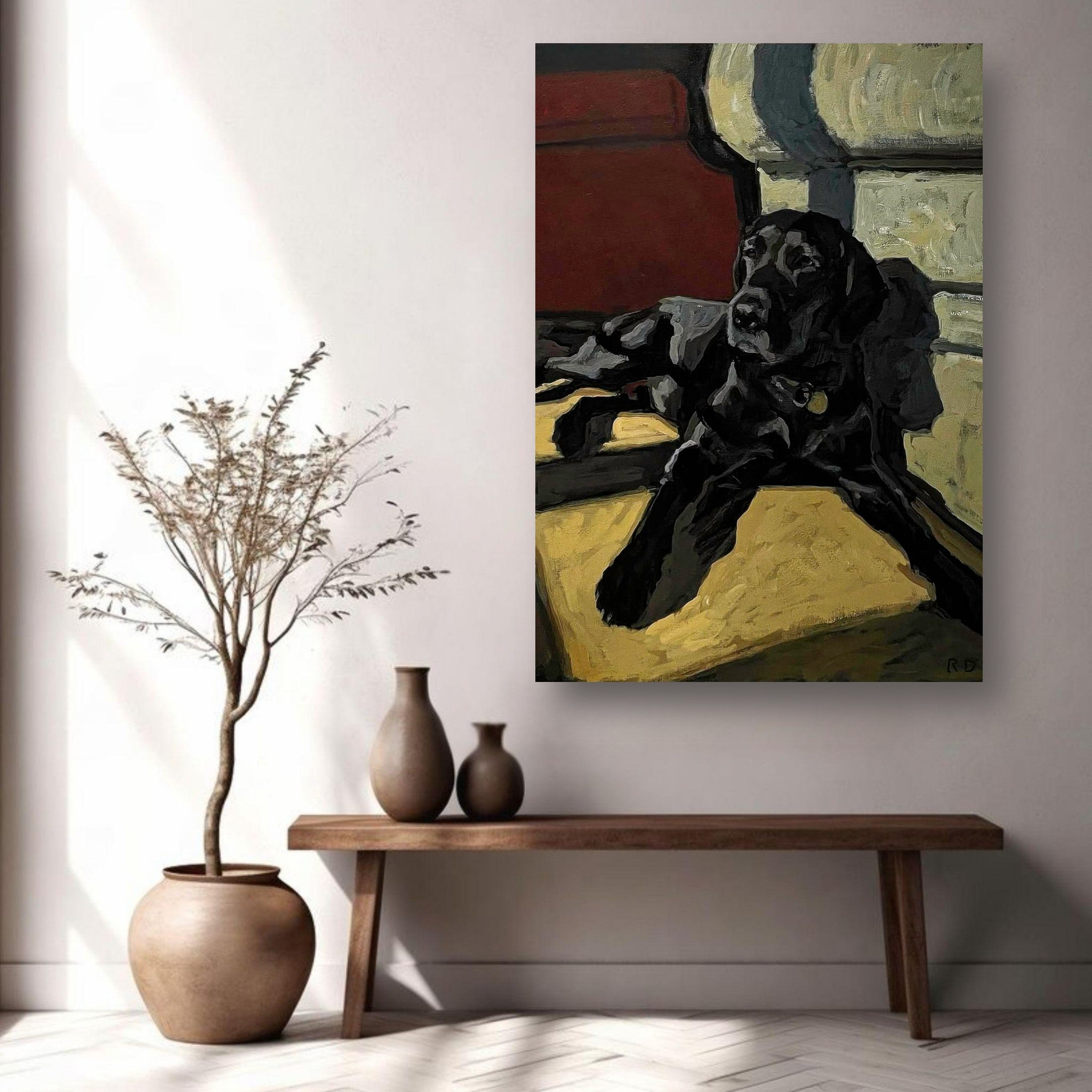Black Labrador dog painting metal print showcased in a cozy interior with plants and decor.