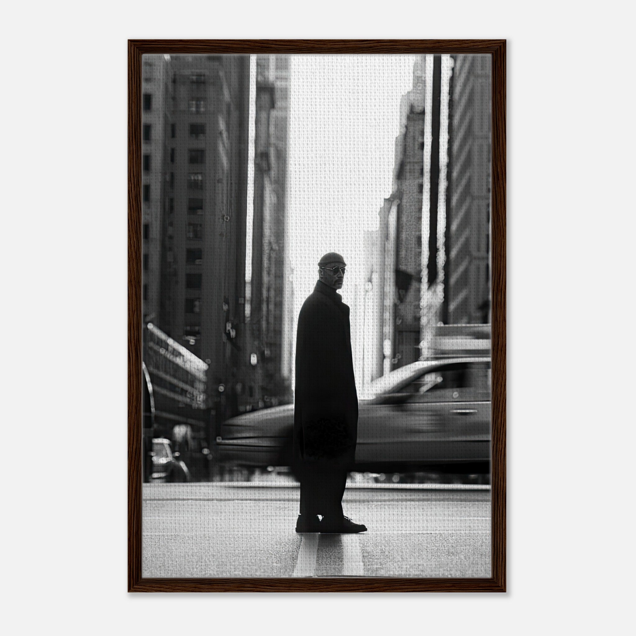 Jean Reno as Leon in black-and-white framed canvas, set in a bustling New York City backdrop.