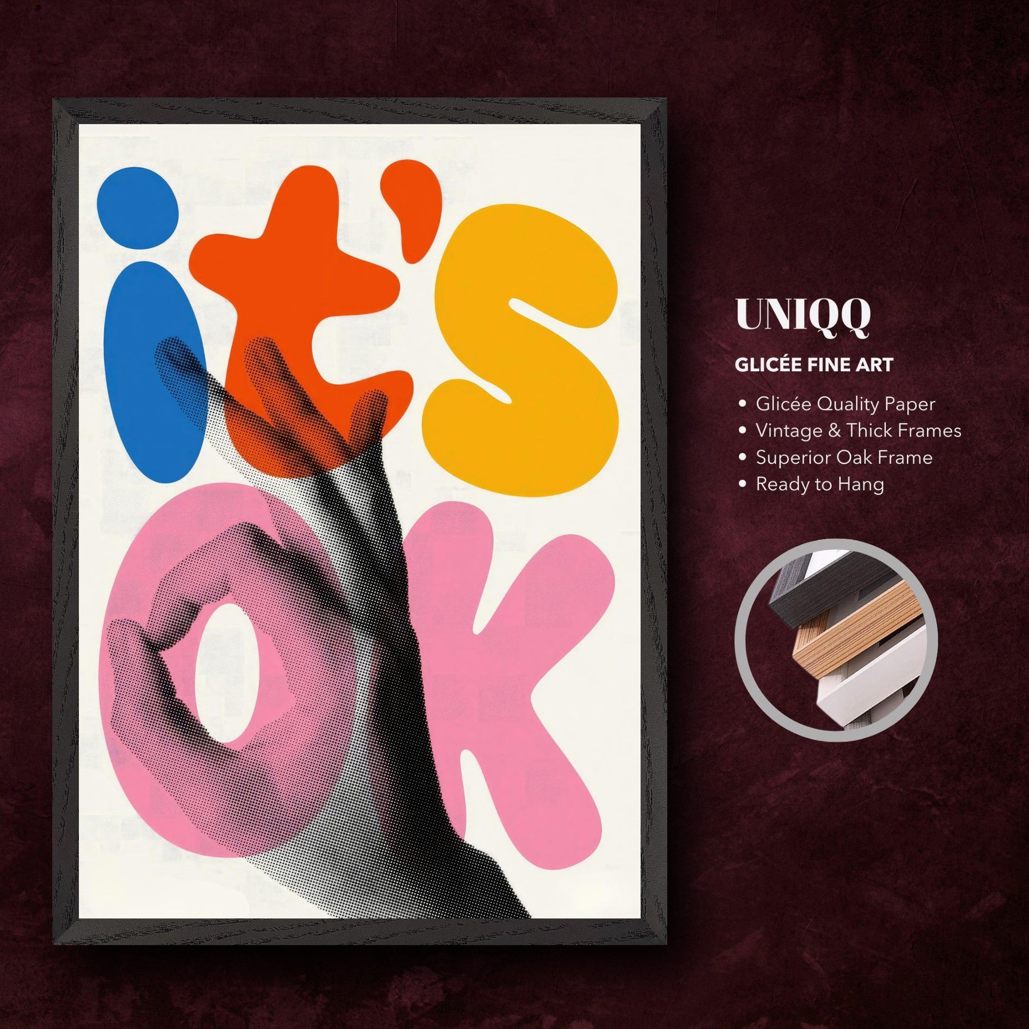It's Ok retro abstract pop art print with vibrant colors and hand illustration in a stylish frame.