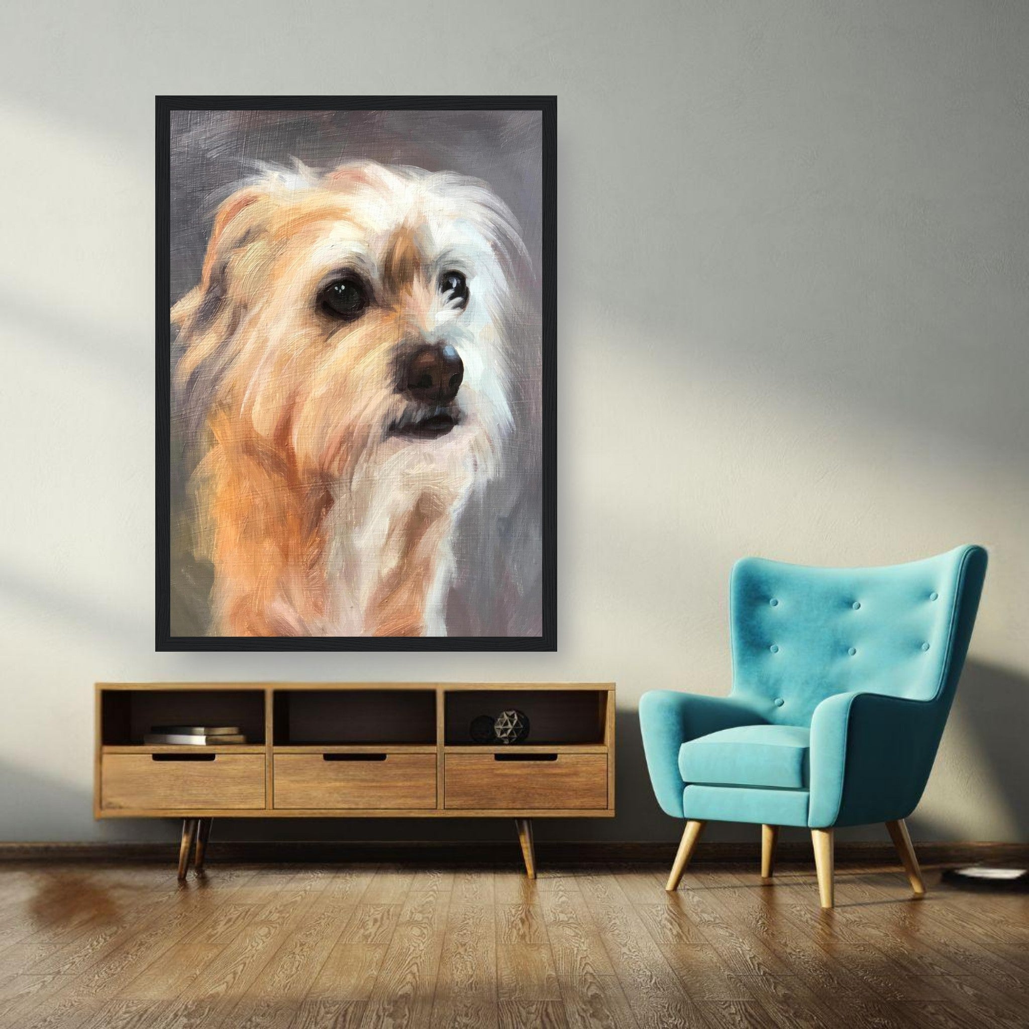 Framed terrier dog painting in a modern living room with teal chair and wooden furniture.