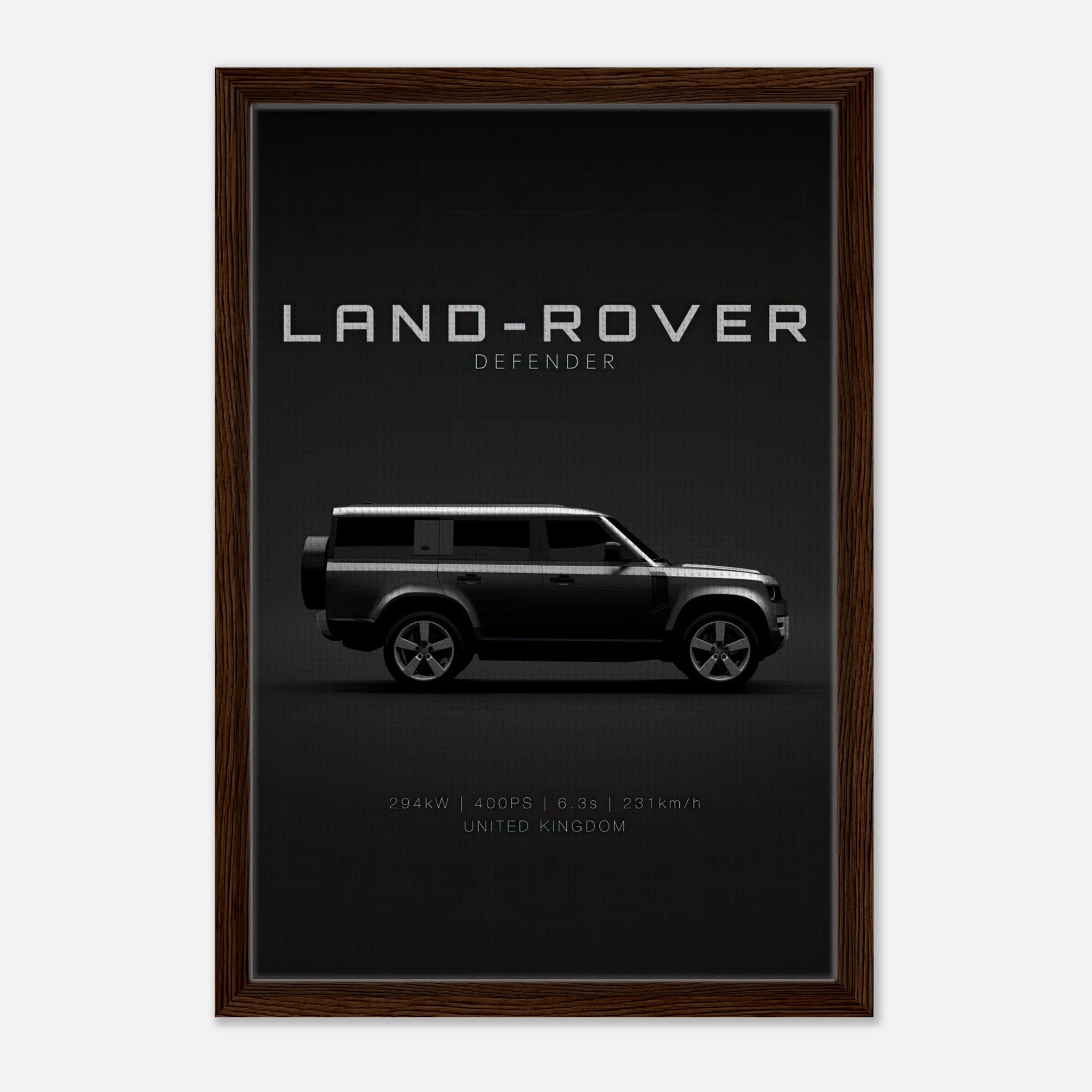 Framed canvas print of Land Rover Defender with sleek side profile on a bold black background.