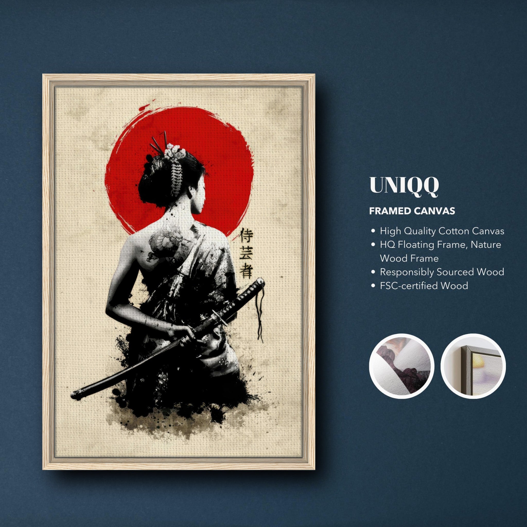 Framed canvas artwork of a geisha holding a katana with a red sun backdrop, symbolizing strength and elegance.
