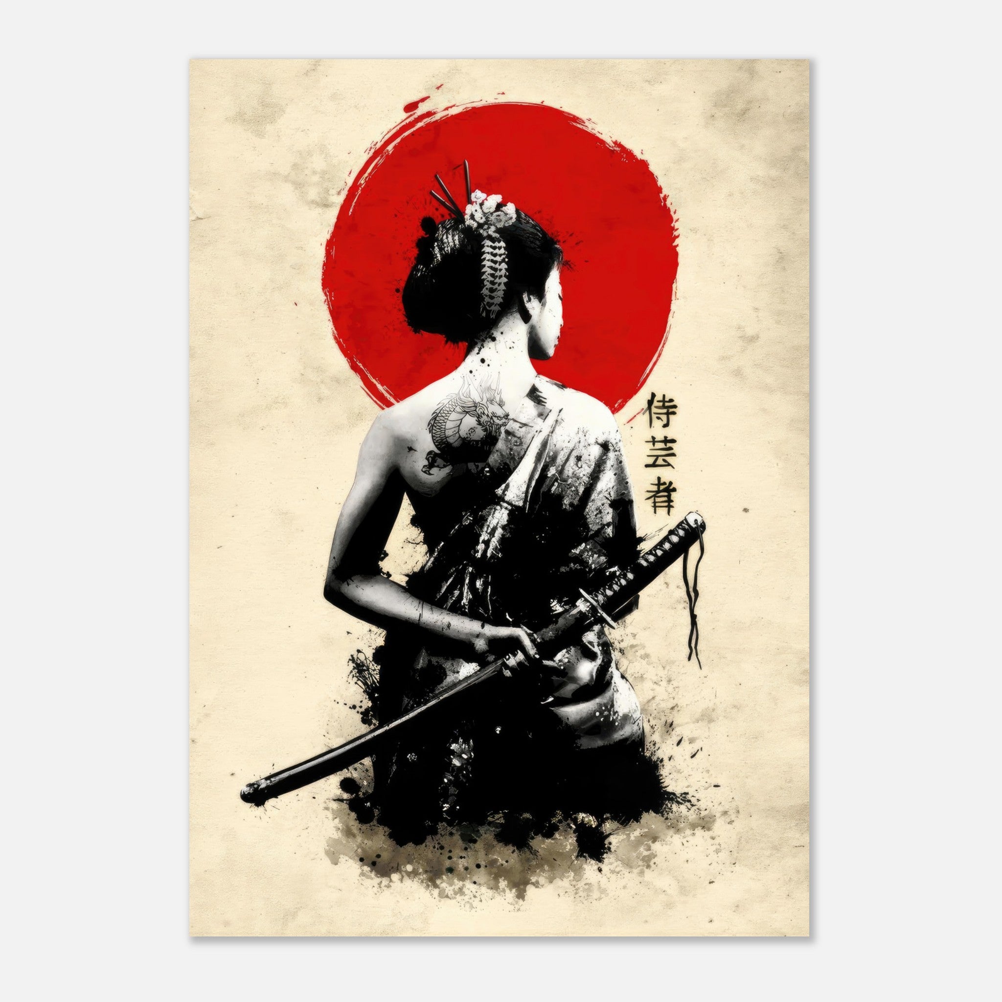 Samurai Geisha poster featuring a fierce geisha with a katana against a bold red sun backdrop.