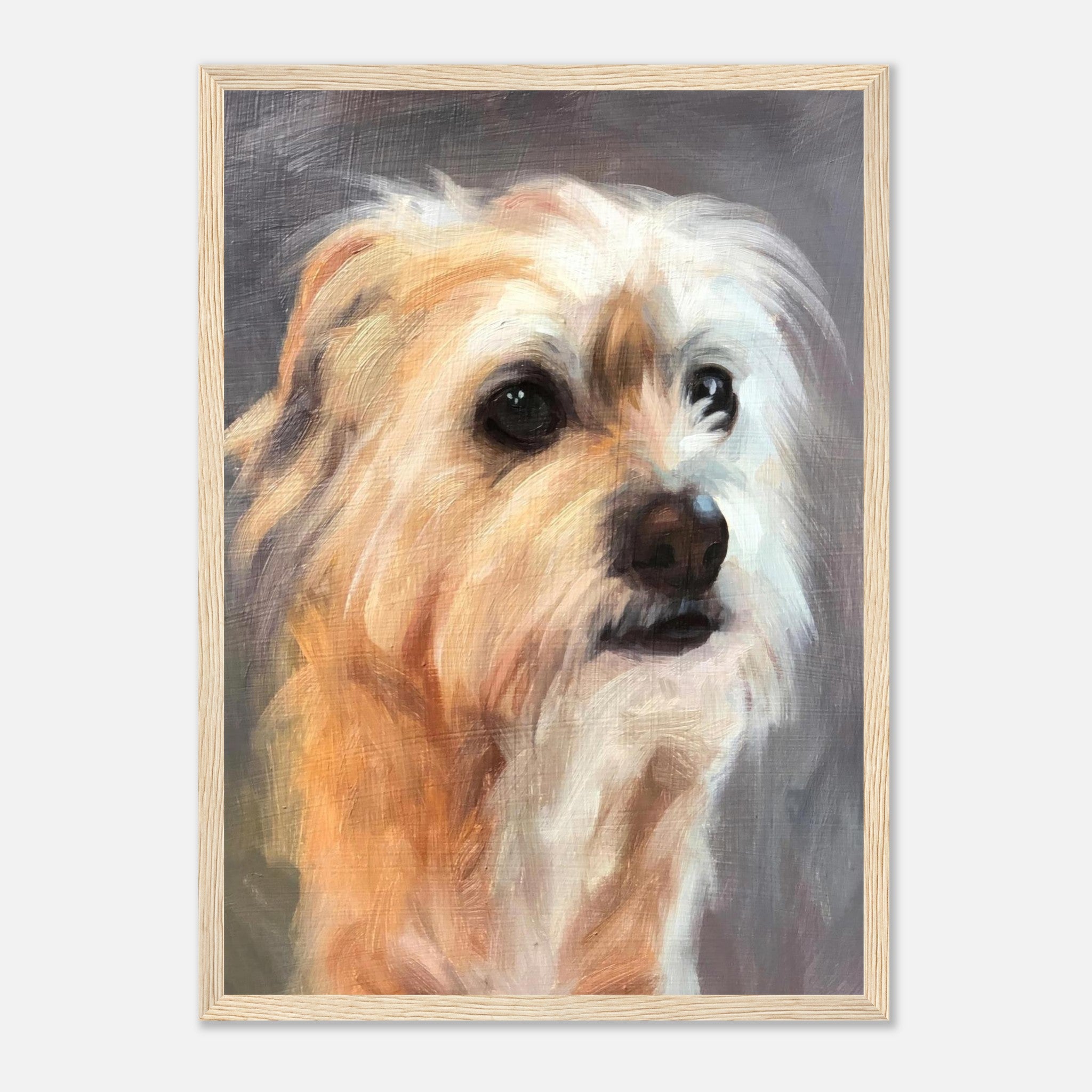 Terrier dog painting in a wooden frame, showcasing detailed fur and expressive eyes, perfect for dog lovers.