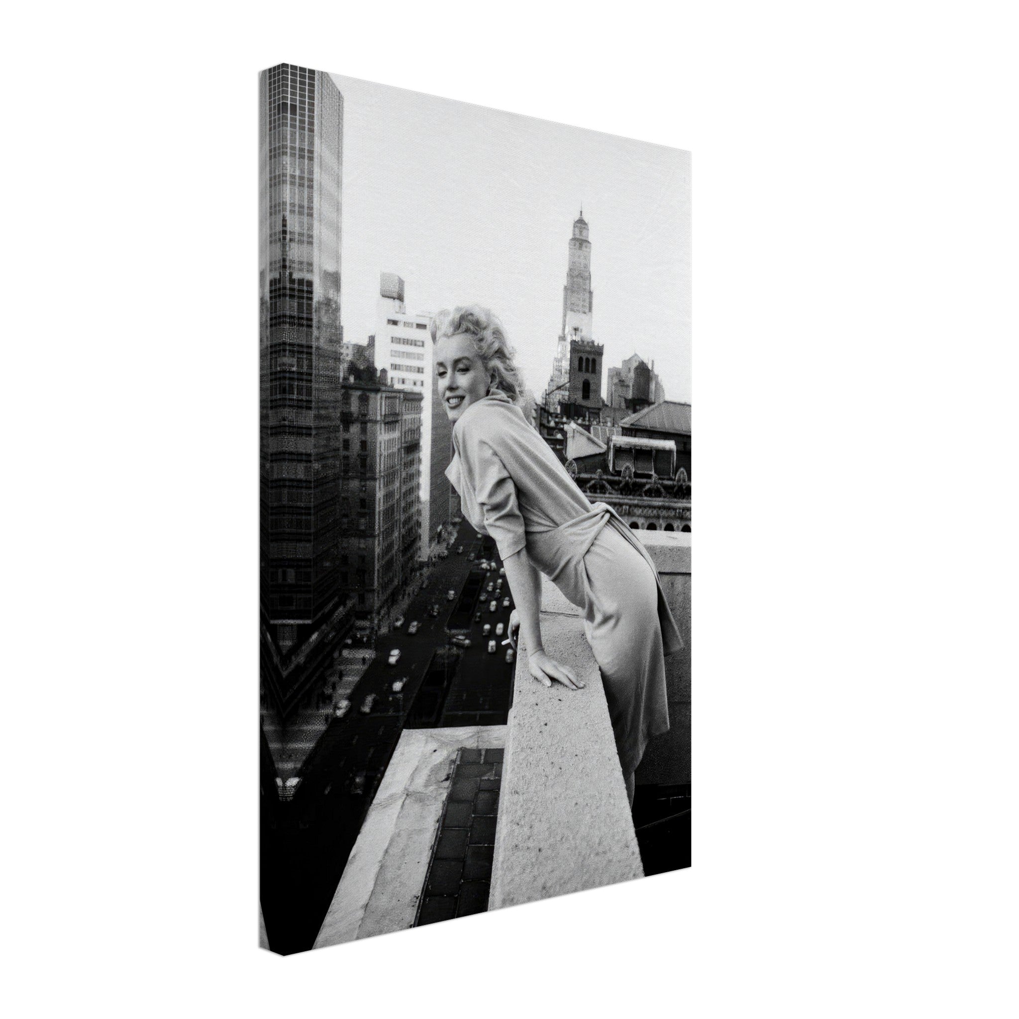 Marilyn Monroe on rooftops in New York, iconic black-and-white canvas art for vintage Hollywood decor.