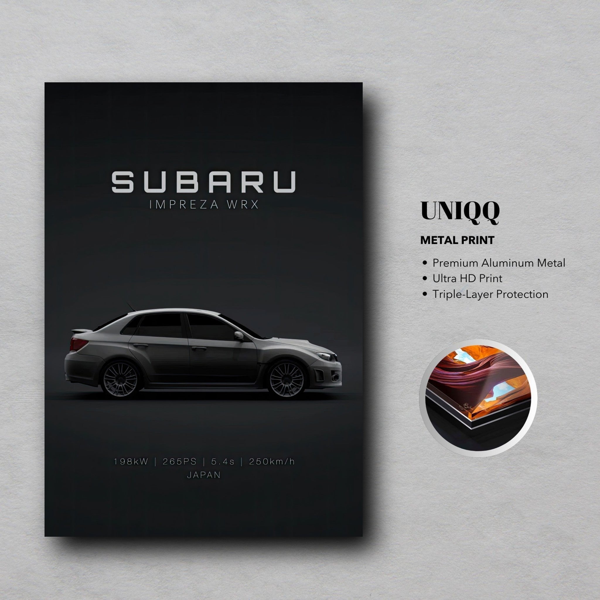 Subaru WRX metal print featuring a sleek side profile on premium aluminum with vibrant colors and modern design.