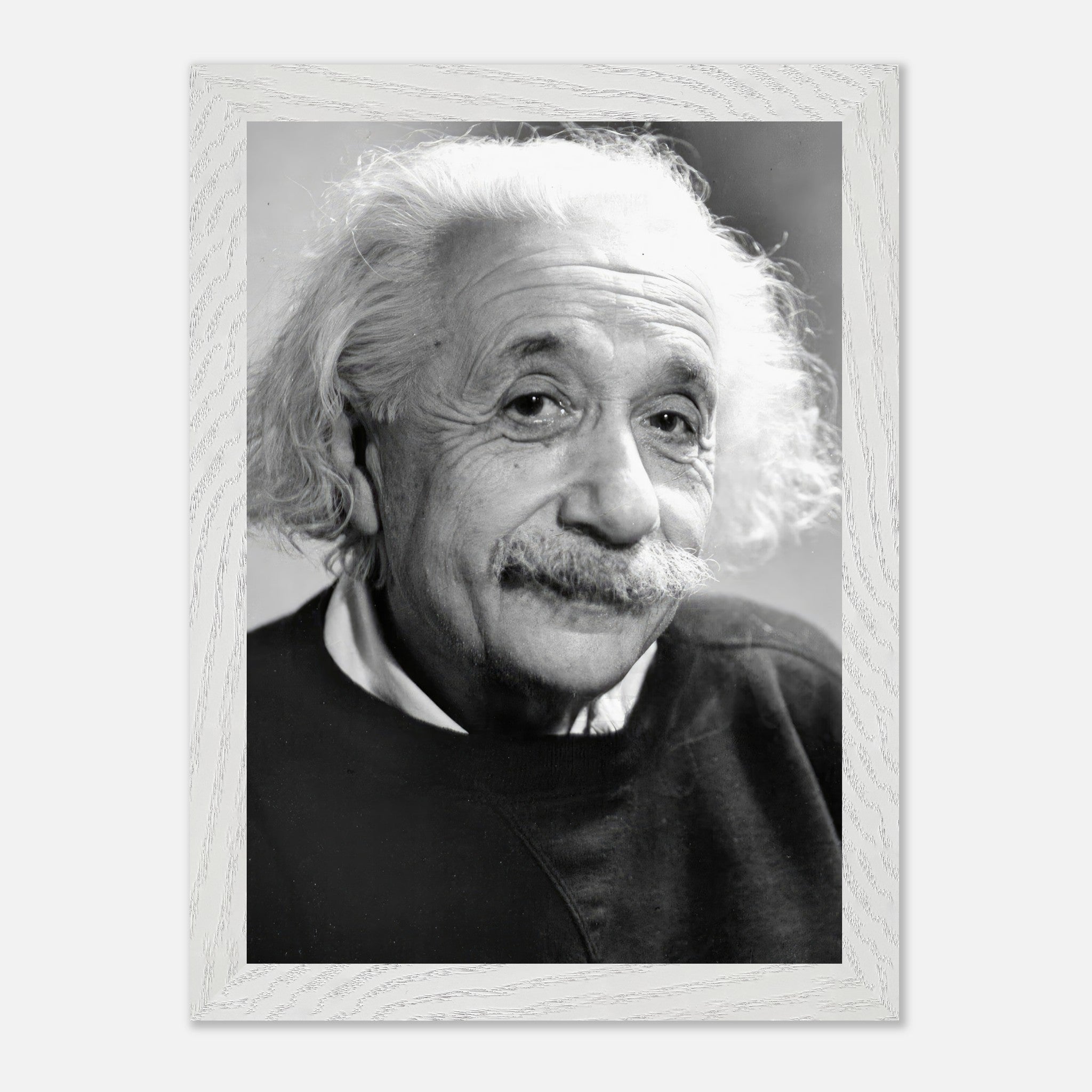 Vintage framed print of Albert Einstein in black-and-white, radiating warmth and inspiration from 1946.