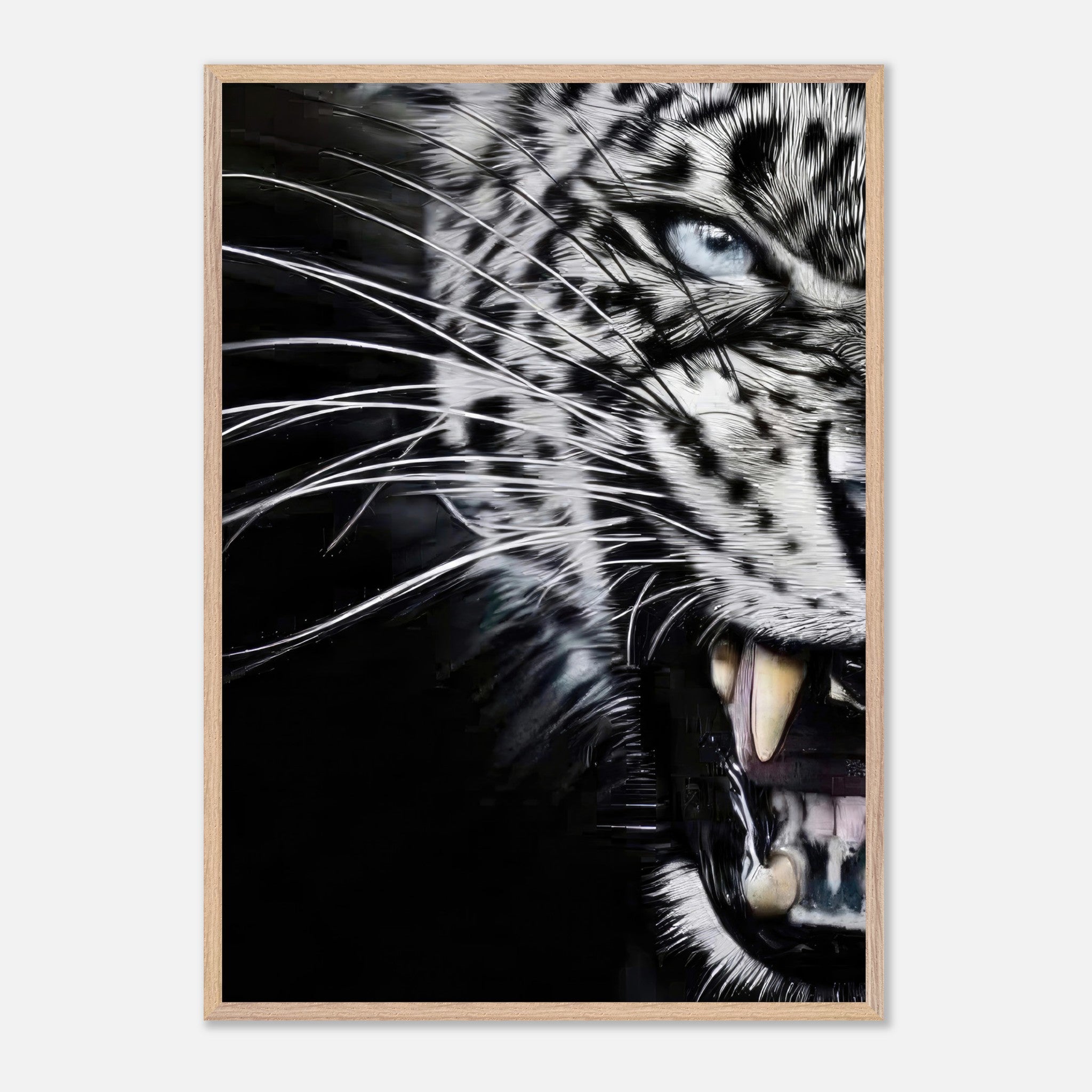 Close-up portrait of a fierce leopard showcasing piercing blue eyes and sharp fangs in a vintage framed print.