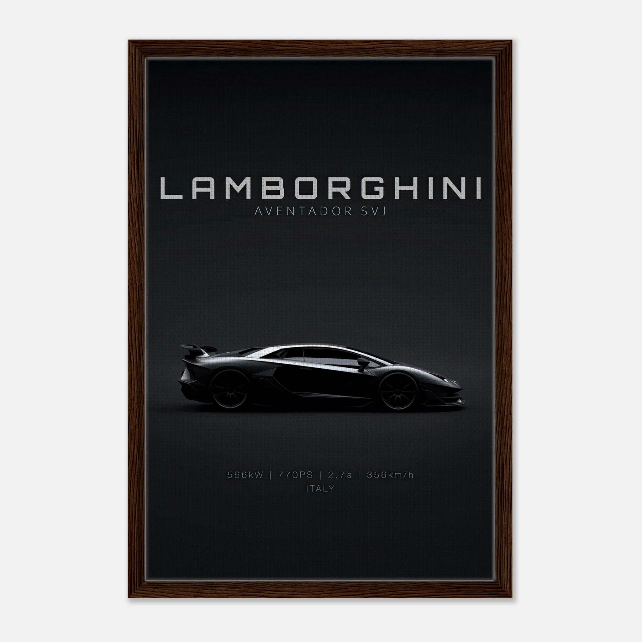 Lamborghini Aventador SVJ framed canvas artwork showcasing its sleek silhouette and elegant design.