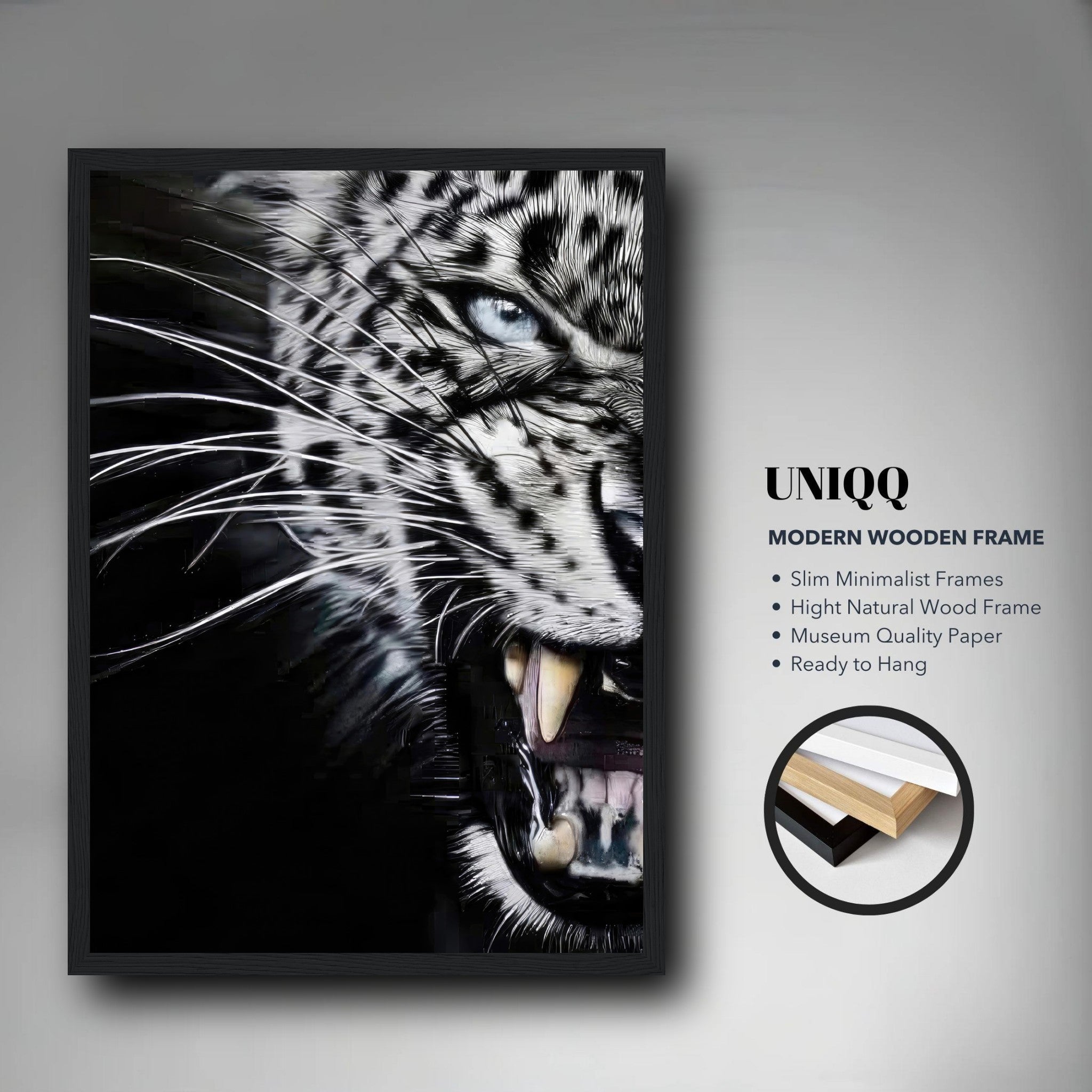 Leopard close-up portrait framed print showcasing fierce expression and intricate details.