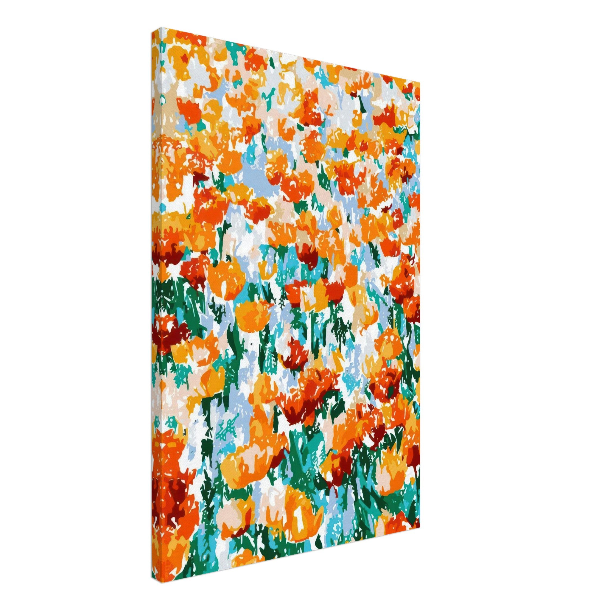Vibrant abstract floral tulip garden canvas print featuring bold orange and red tulips with a colorful background.