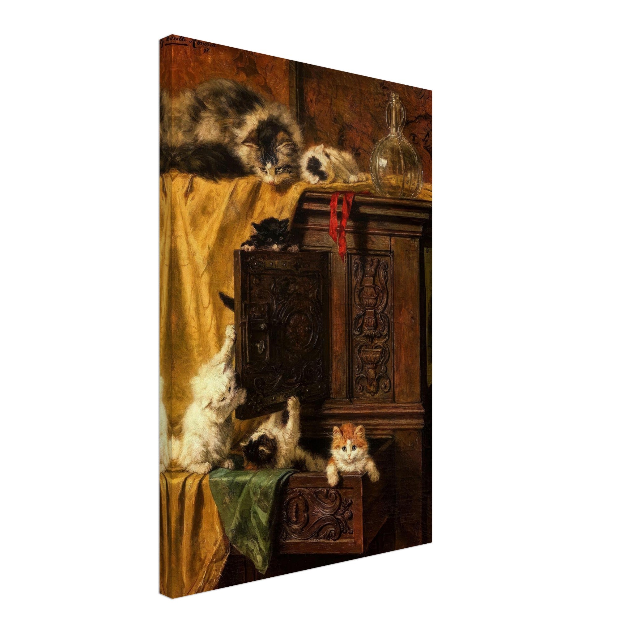Vintage cat painting canvas print featuring playful kittens exploring a wooden cabinet with warm, nostalgic tones.