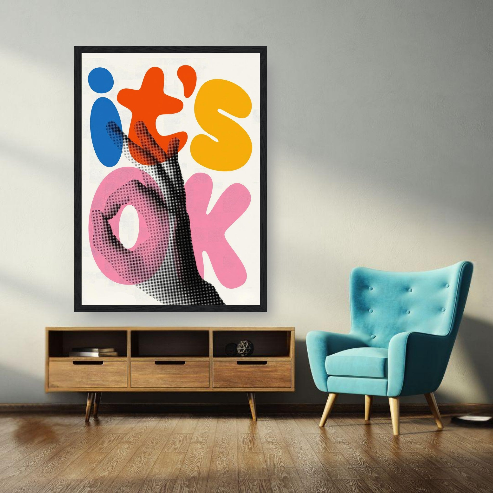 It's Ok retro pop art framed print featuring vibrant colors and a hand gesture on a stylish wall.