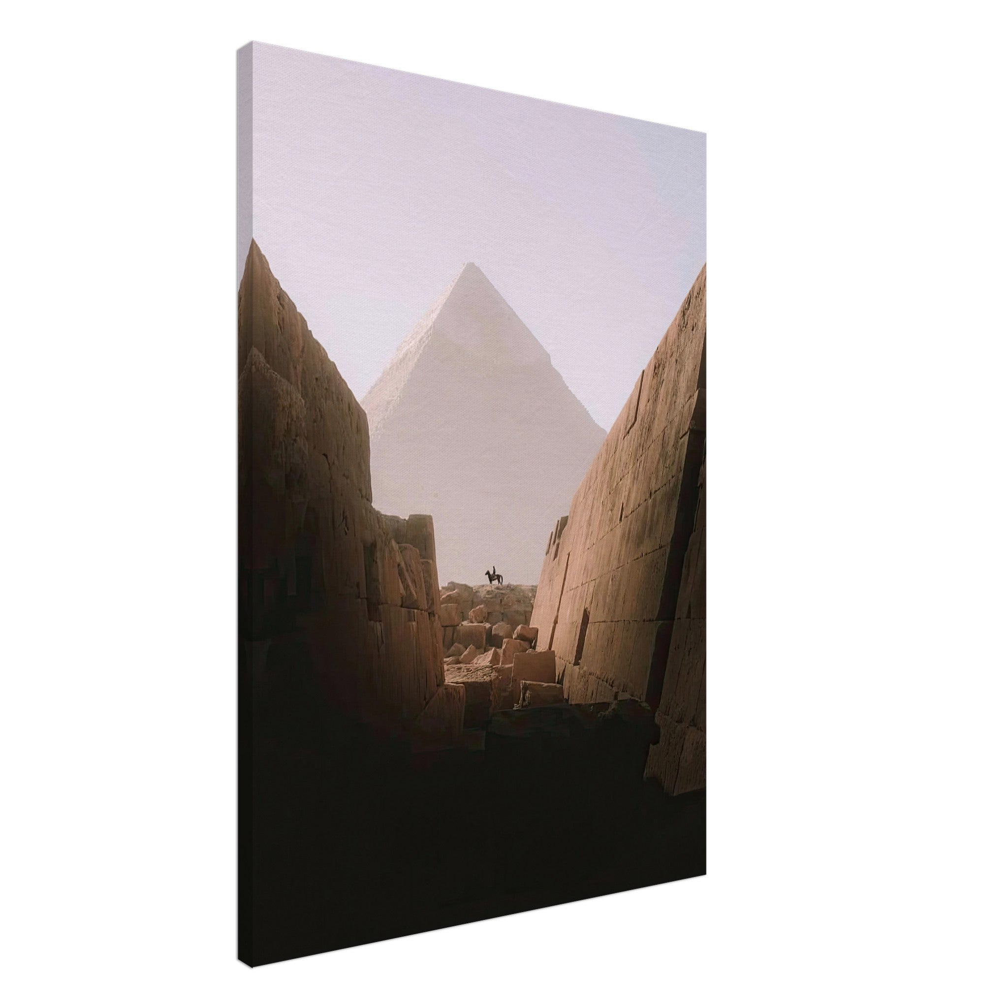 Horse and rider silhouette in front of the Great Pyramid of Giza, framed by ancient stone ruins.