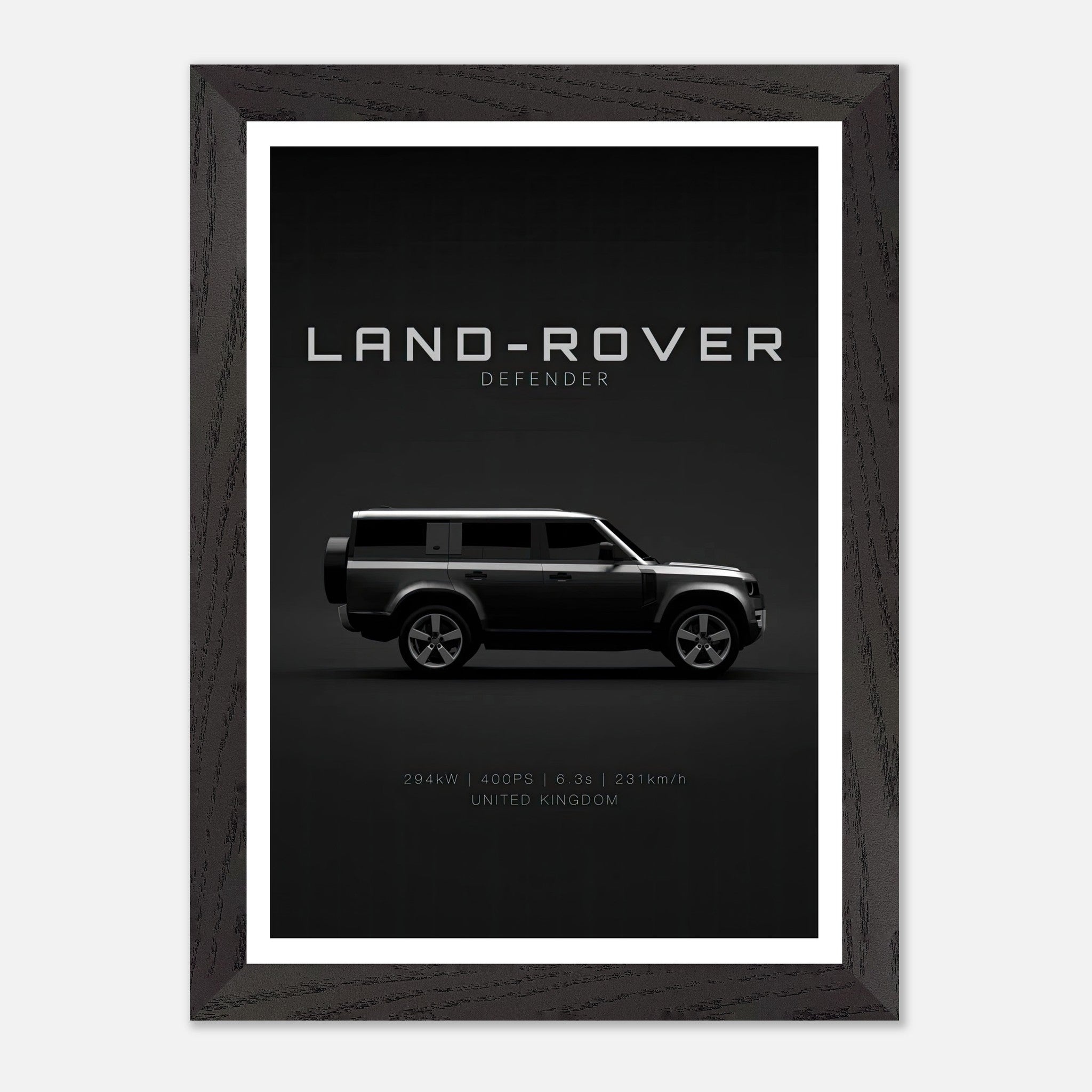 Land Rover Defender vintage framed art showcasing the iconic silhouette on a black background.