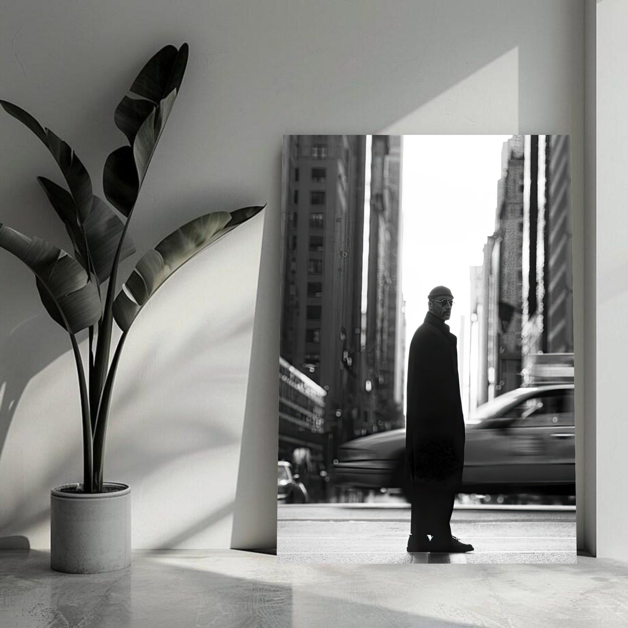 Jean Reno as Leon in New York, iconic black-and-white metal print showcasing urban elegance.