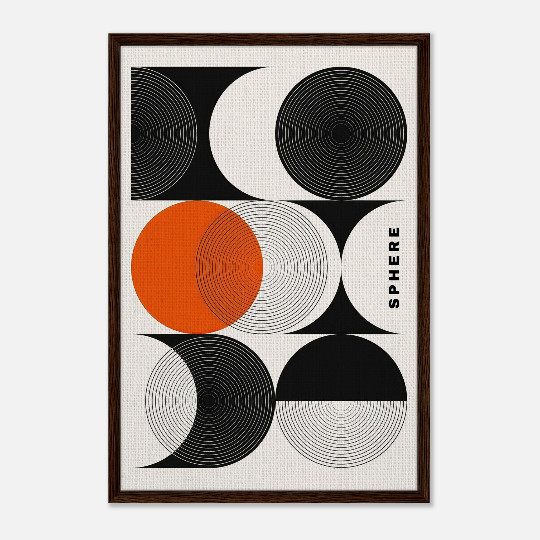 Abstract geometric sphere art featuring concentric circles in black, white, and orange on a framed canvas print.