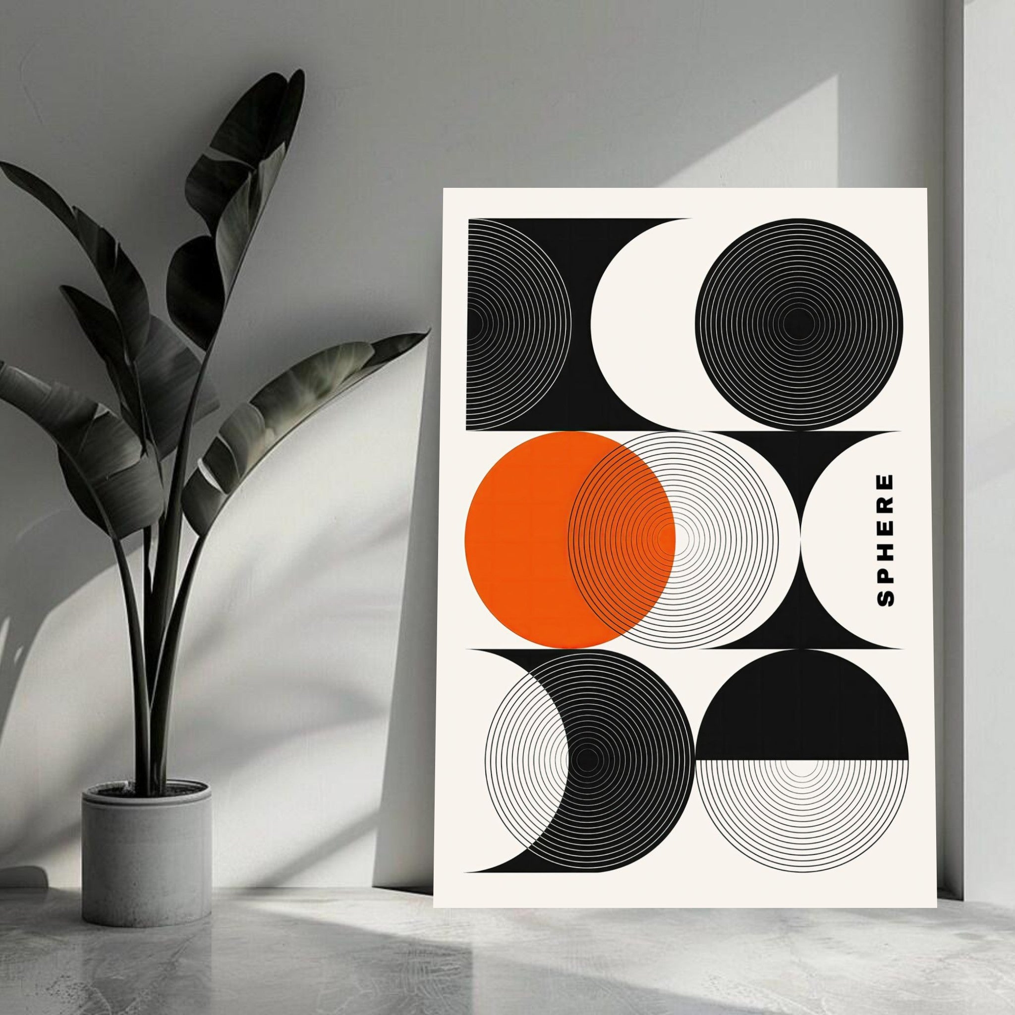 Abstract Geometric Sphere Metal Print featuring vibrant orange and black concentric circles, perfect for modern decor.