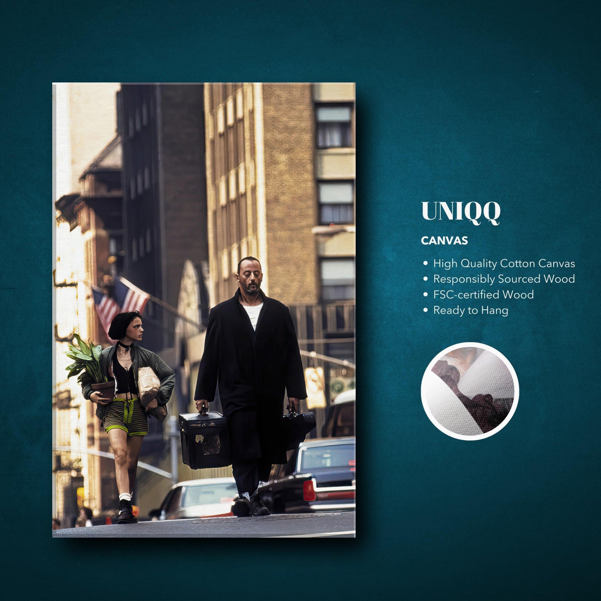 Jean Reno and Natalie Portman walking in iconic scene from 'Leon: The Professional' on high-quality canvas.