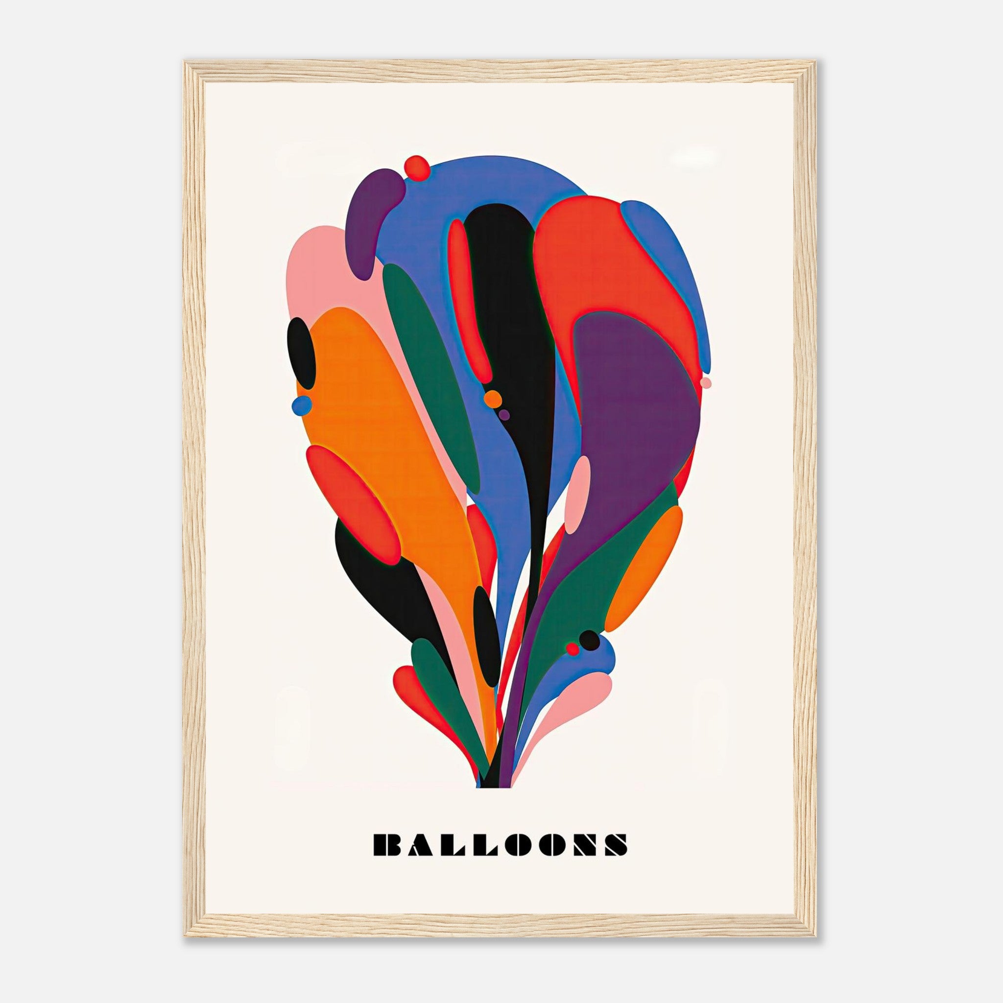 Abstract Balloon Art Framed Print featuring vibrant colors and fluid shapes in a modern design.