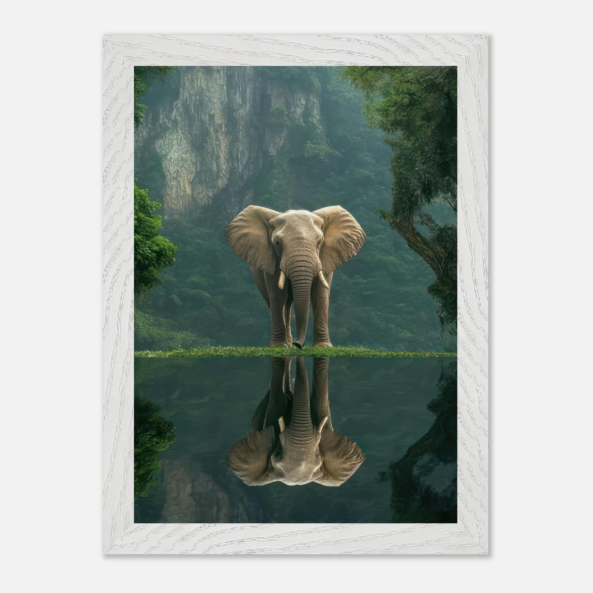 Majestic jungle elephant portrait framed print reflecting in serene forest water backdrop.